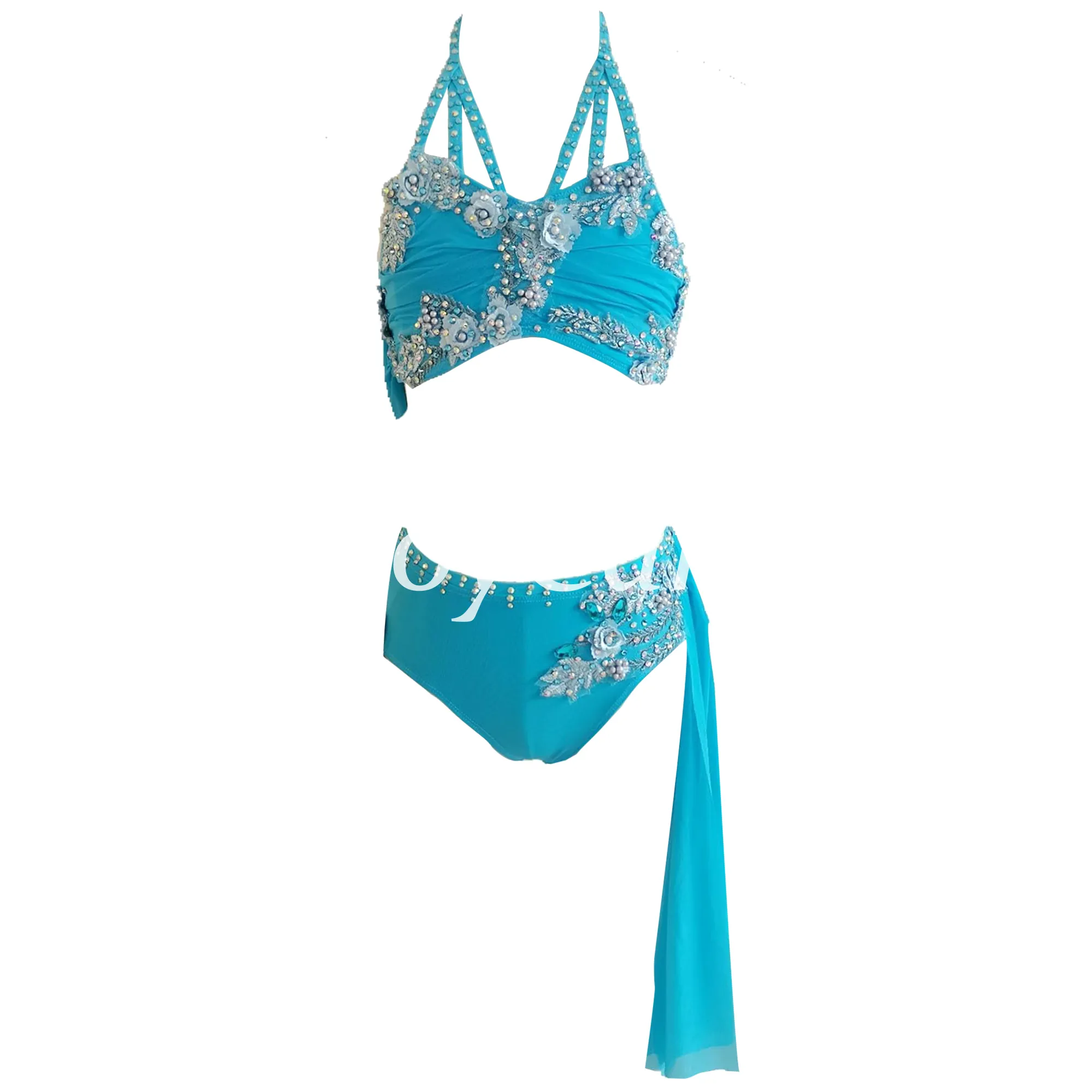 JoyCan Lyrical Dance Costume JSS207 | Turquoise Two‑Piece Halter Floral Rhinestone Lyrical Dance Outfit for Girls & Women
