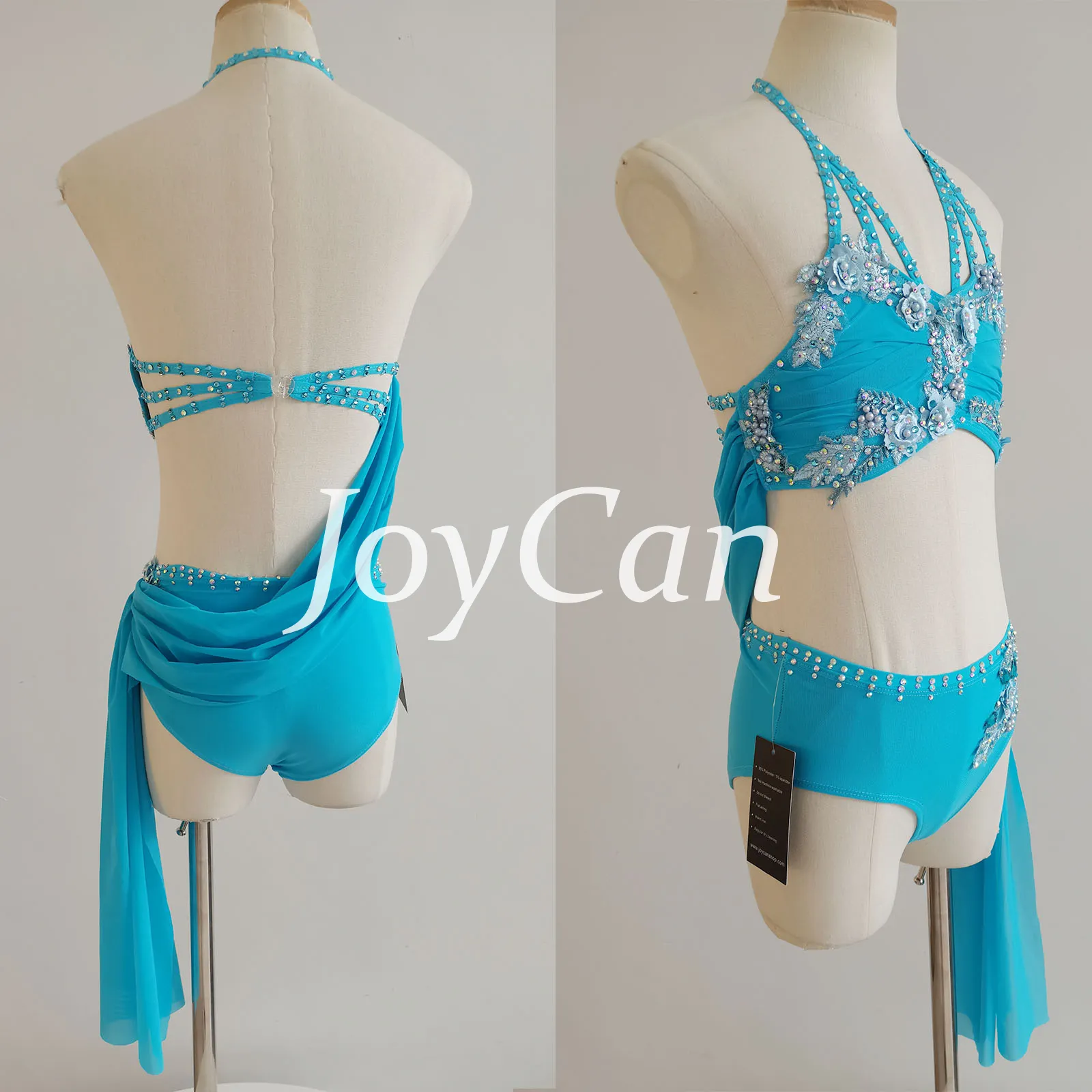 JoyCan Lyrical Dance Costume JSS207 | Turquoise Two‑Piece Halter Floral Rhinestone Lyrical Dance Outfit for Girls & Women