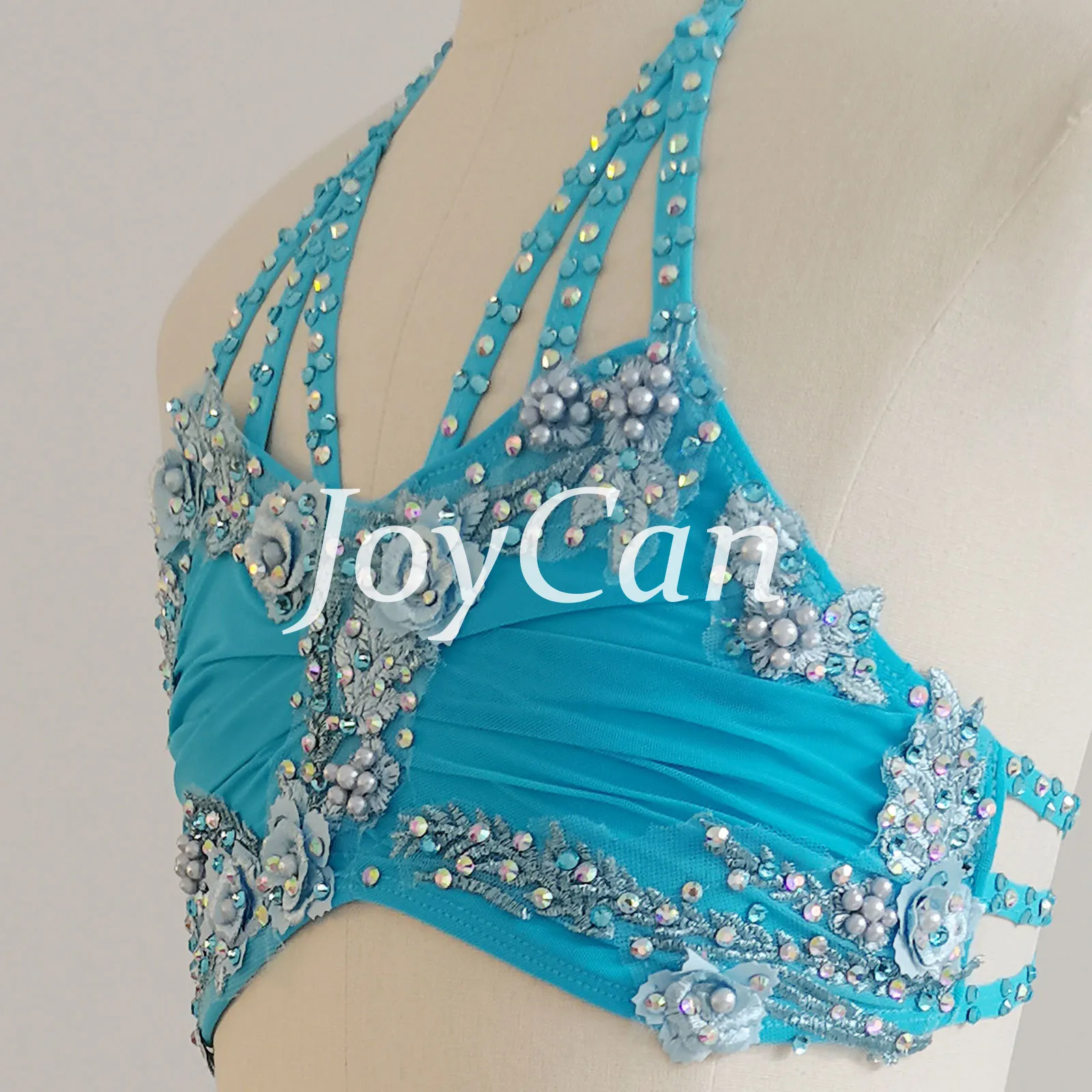 JoyCan Lyrical Dance Costume JSS207 | Turquoise Two‑Piece Halter Floral Rhinestone Lyrical Dance Outfit for Girls & Women