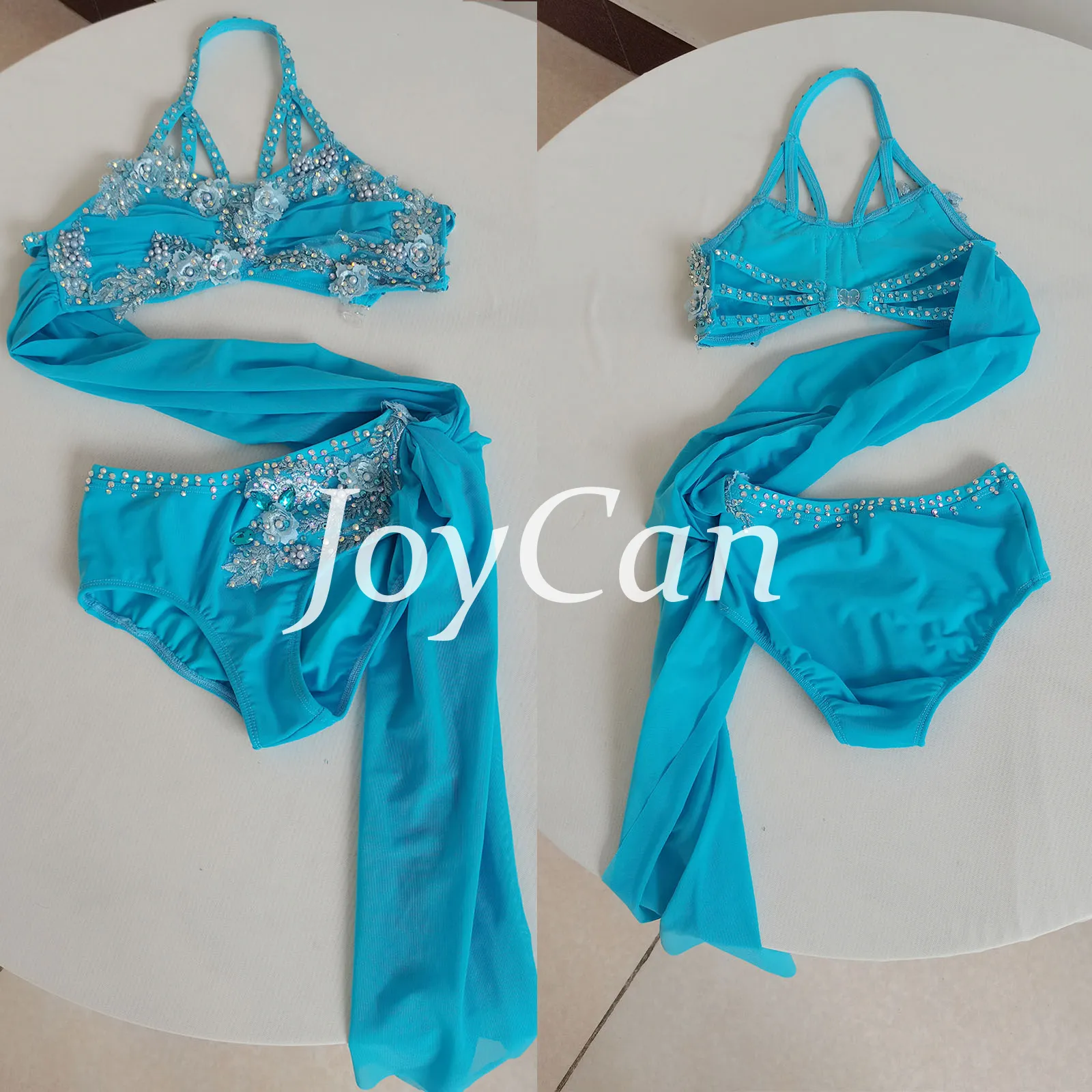 JoyCan Lyrical Dance Costume JSS207 | Turquoise Two‑Piece Halter Floral Rhinestone Lyrical Dance Outfit for Girls & Women