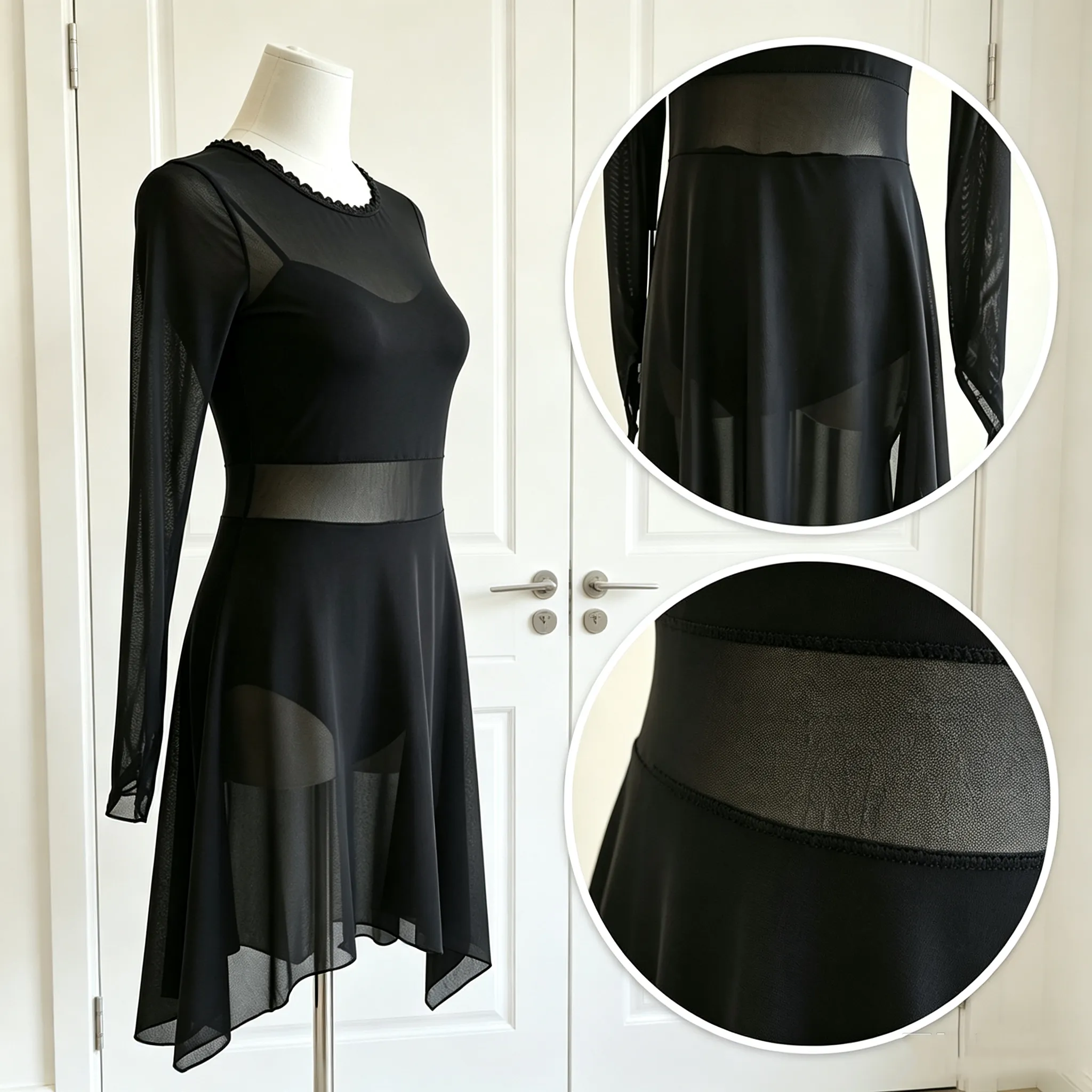 JoyCan Lyrical Dance Dress JC1288 | Elegant Black Mesh Long‑Sleeve Crystal Competition Lyrical Costume for Girls and Women
