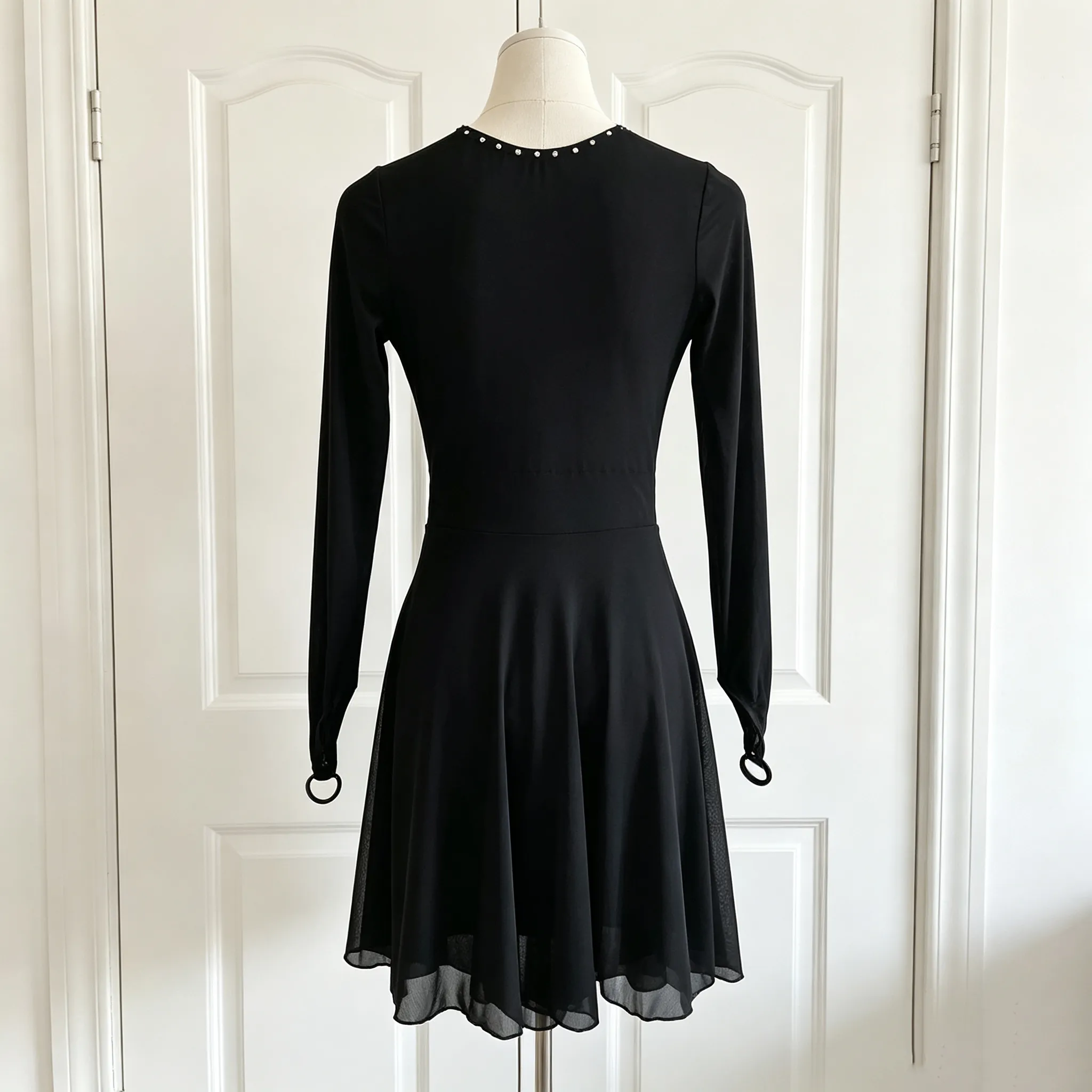 JoyCan Lyrical Dance Dress JC1288 | Elegant Black Mesh Long‑Sleeve Crystal Competition Lyrical Costume for Girls and Women