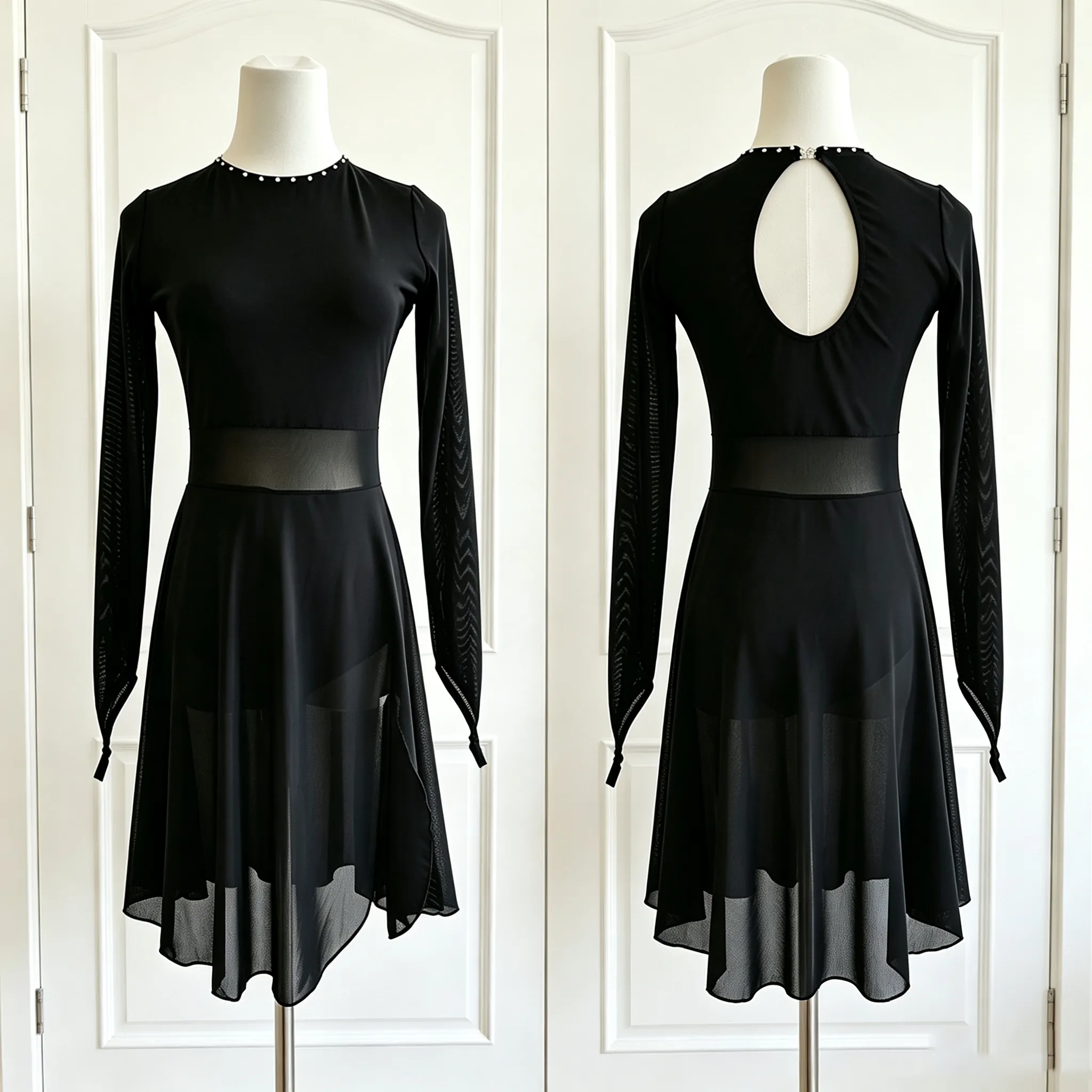 JoyCan Lyrical Dance Dress JC1288 | Elegant Black Mesh Long‑Sleeve Crystal Competition Lyrical Costume for Girls and Women