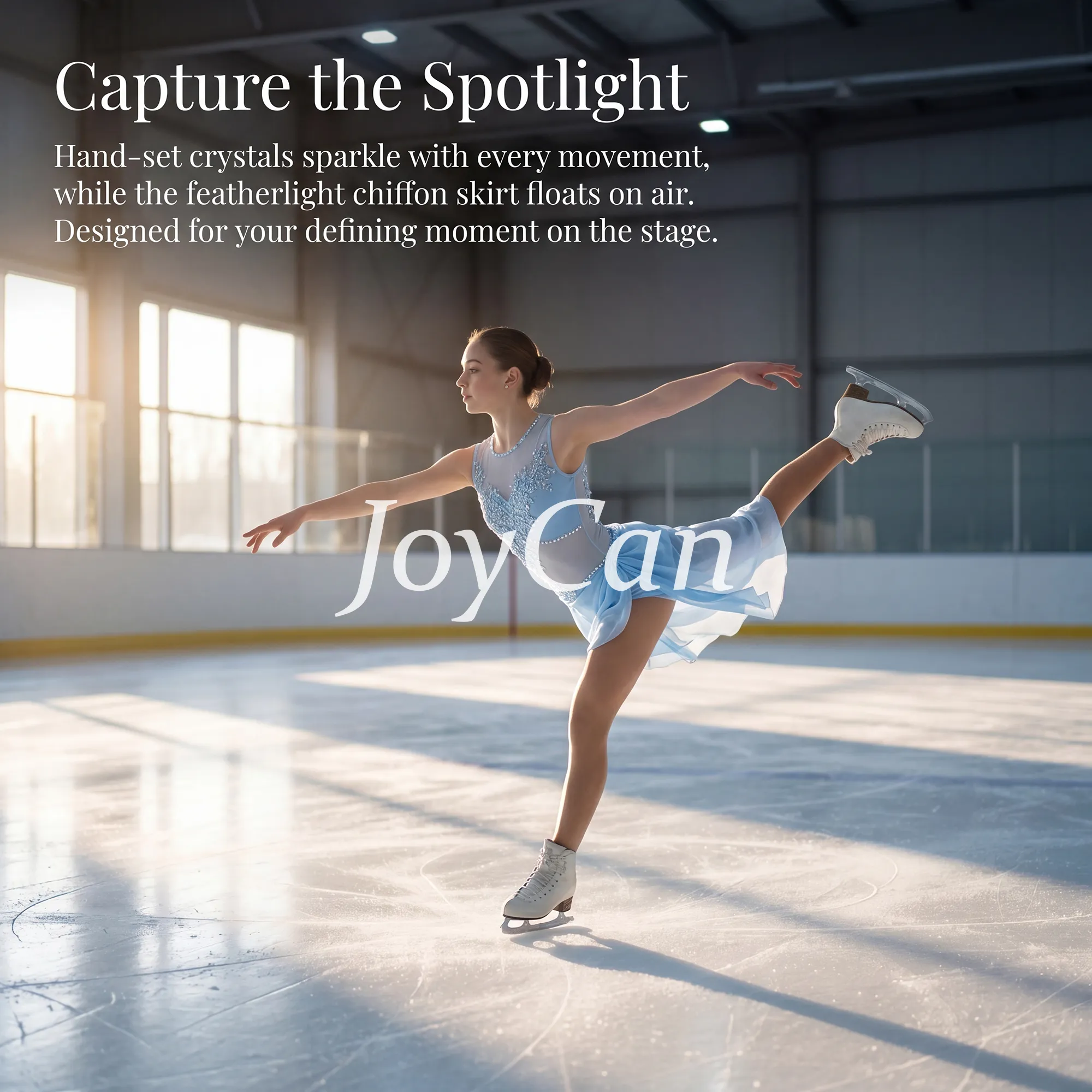 JoyCan Figure Skating Dress BD9385 | Light Blue Sleeveless Lace‑Appliqué Draped Chiffon Competition Ice Skating Costume for Girls and Women