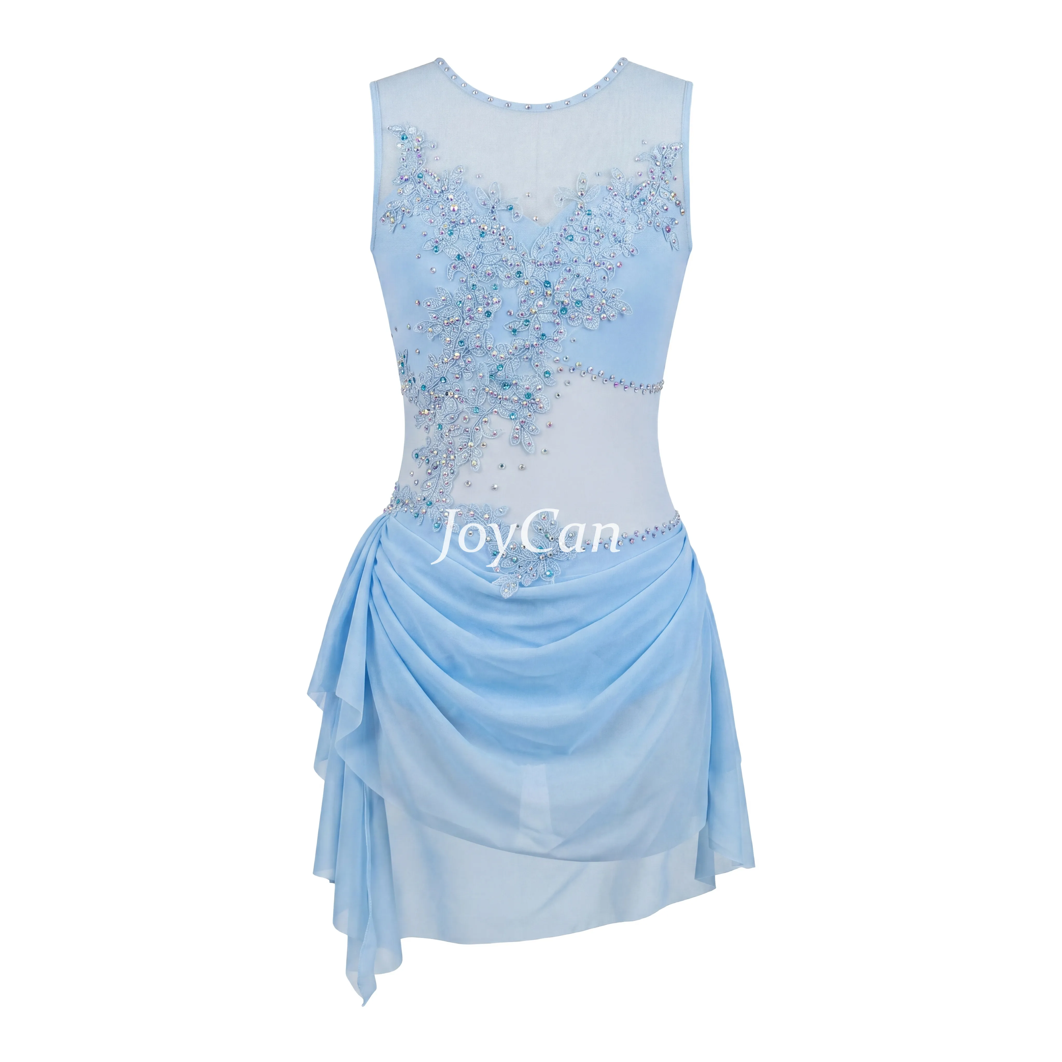 JoyCan Figure Skating Dress BD9385 | Light Blue Sleeveless Lace‑Appliqué Draped Chiffon Competition Ice Skating Costume for Girls and Women