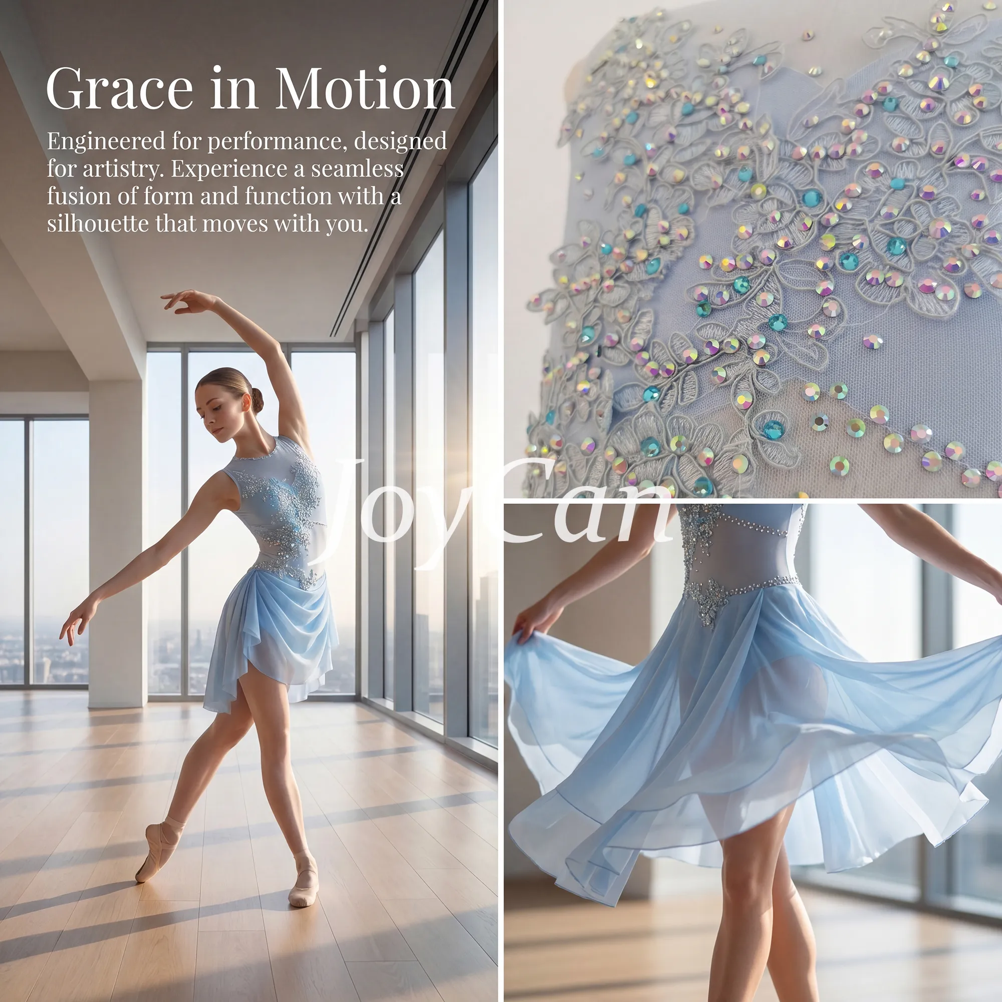 JoyCan Figure Skating Dress BD9385 | Light Blue Sleeveless Lace‑Appliqué Draped Chiffon Competition Ice Skating Costume for Girls and Women