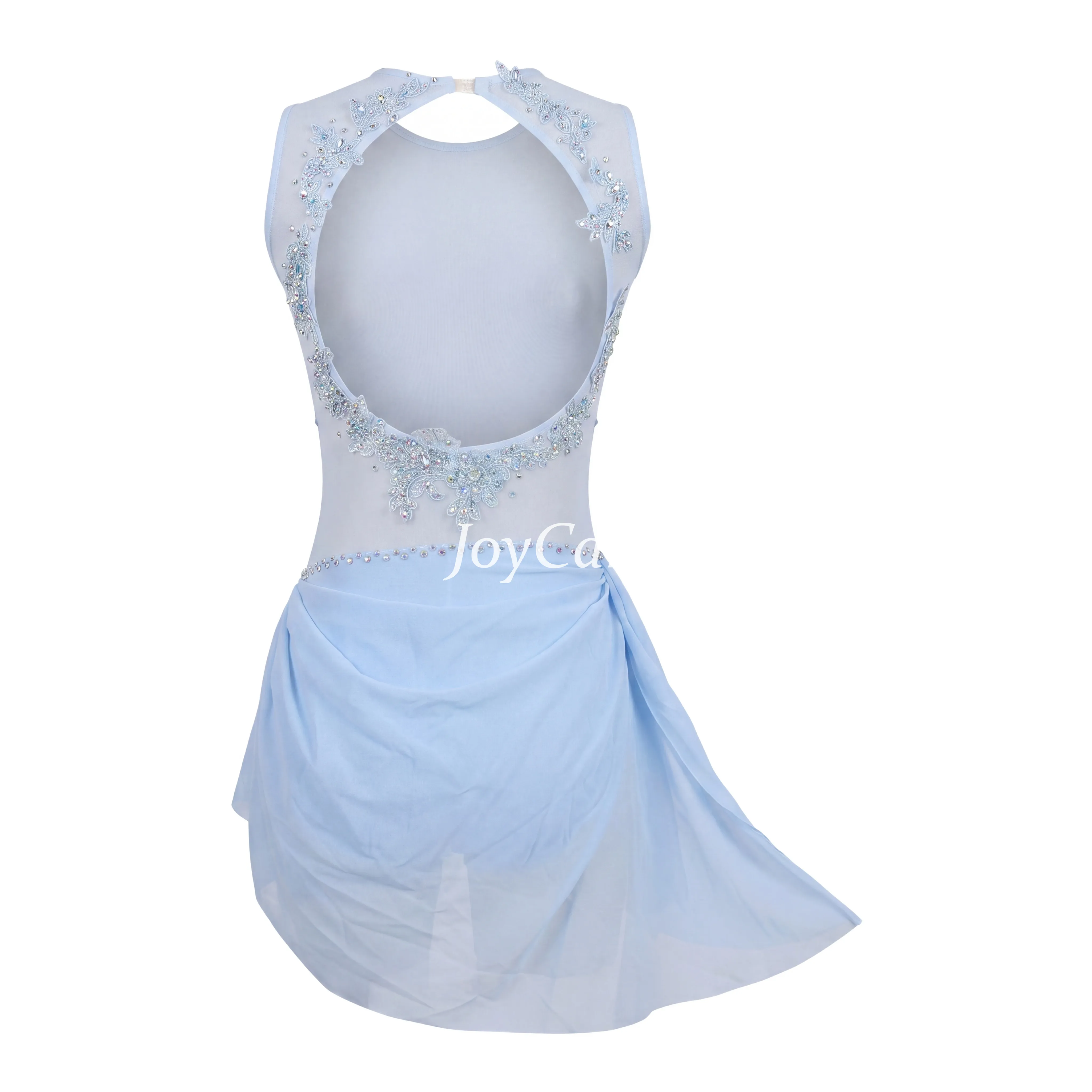 JoyCan Figure Skating Dress BD9385 | Light Blue Sleeveless Lace‑Appliqué Draped Chiffon Competition Ice Skating Costume for Girls and Women