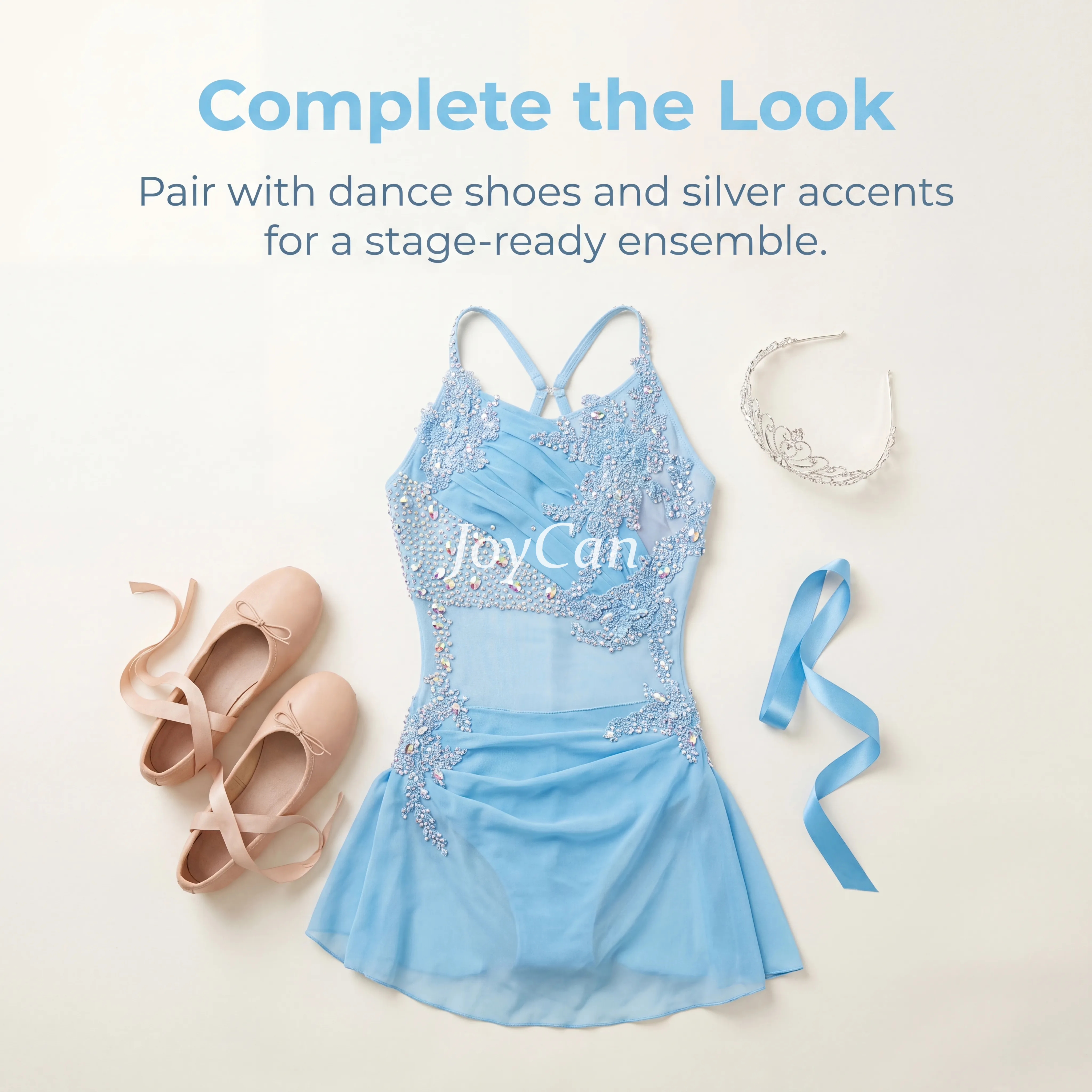 JoyCan Figure Skating Dress JC894 | Light Blue Criss‑Cross Straps Lace Applique Rhinestone Mesh Back Competition Ice Skating Costume for Girls and Women