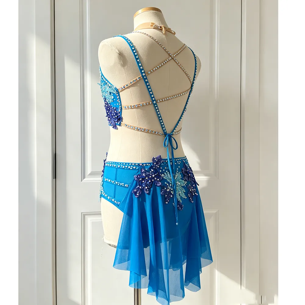 JoyCan Lyrical Dance Dress BD3528 | Exotic Blue Floral Lace Asymmetric Cut‑Out Competition Lyrical Costume for Girls and Women