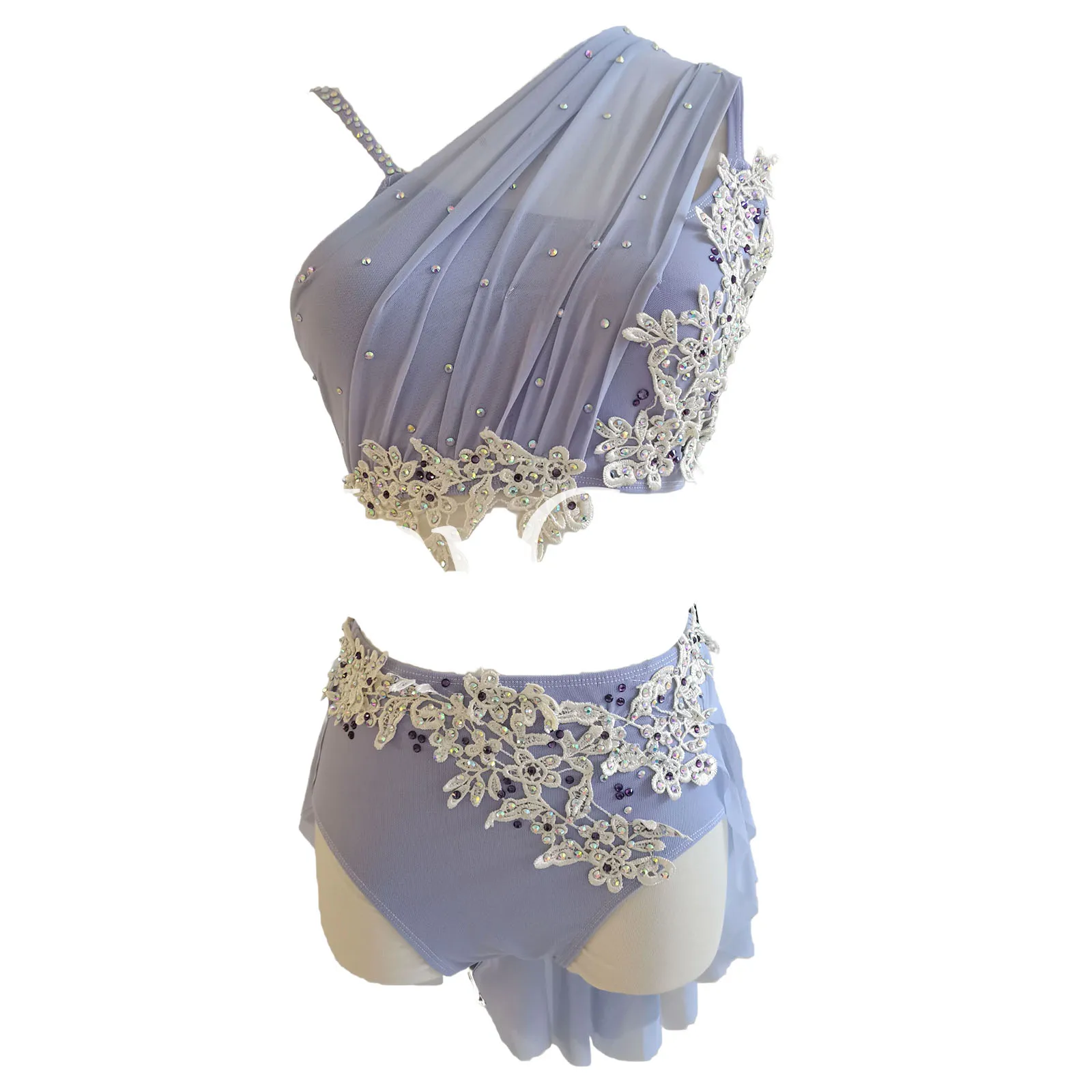 JoyCan Lyrical Dance Costume JLC411 | Lavender Two‑Piece One‑Shoulder Draped Mesh Lace Applique Rhinestone Lyrical Dance Outfit for Girls and Women