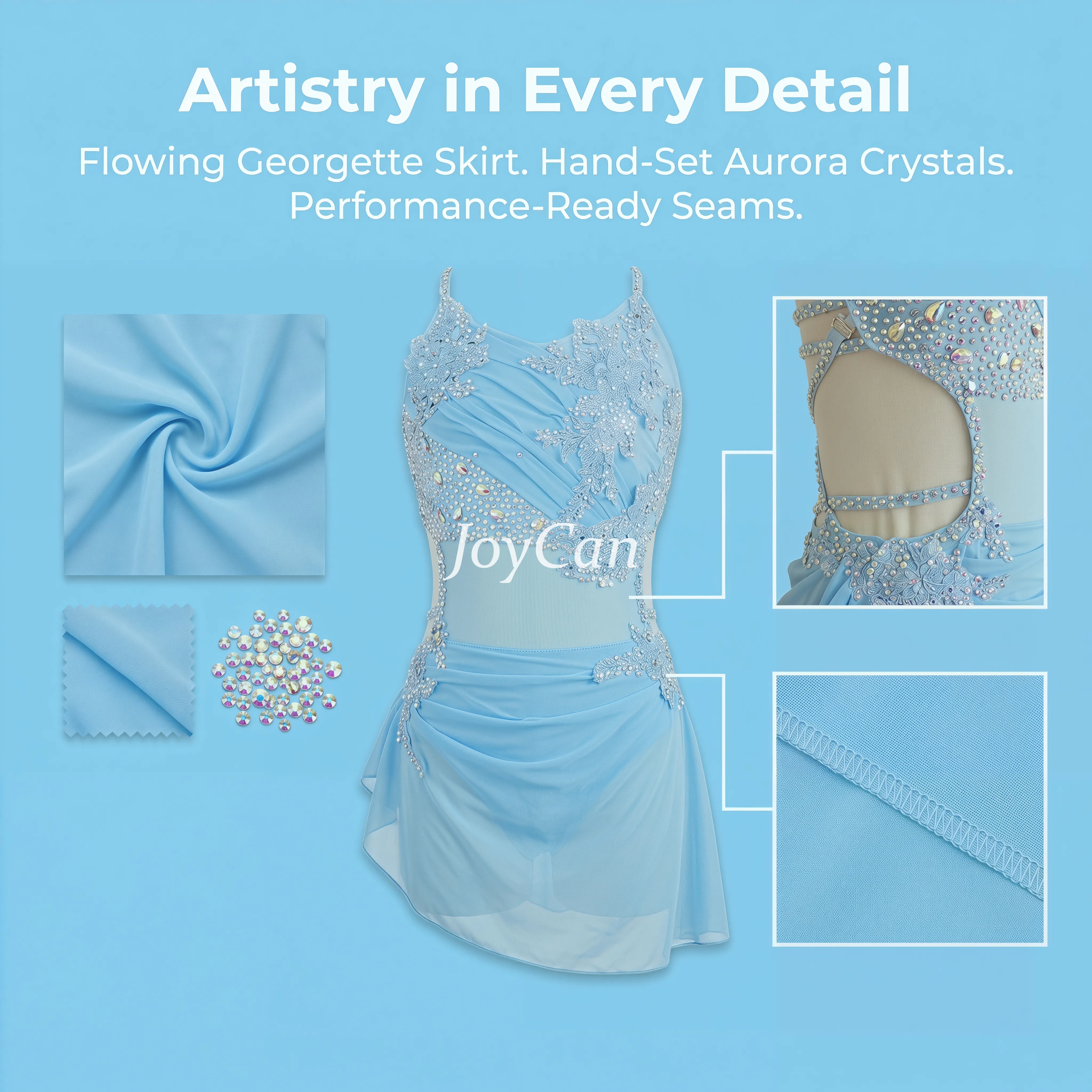 JoyCan Figure Skating Dress JC894 | Light Blue Criss‑Cross Straps Lace Applique Rhinestone Mesh Back Competition Ice Skating Costume for Girls and Women