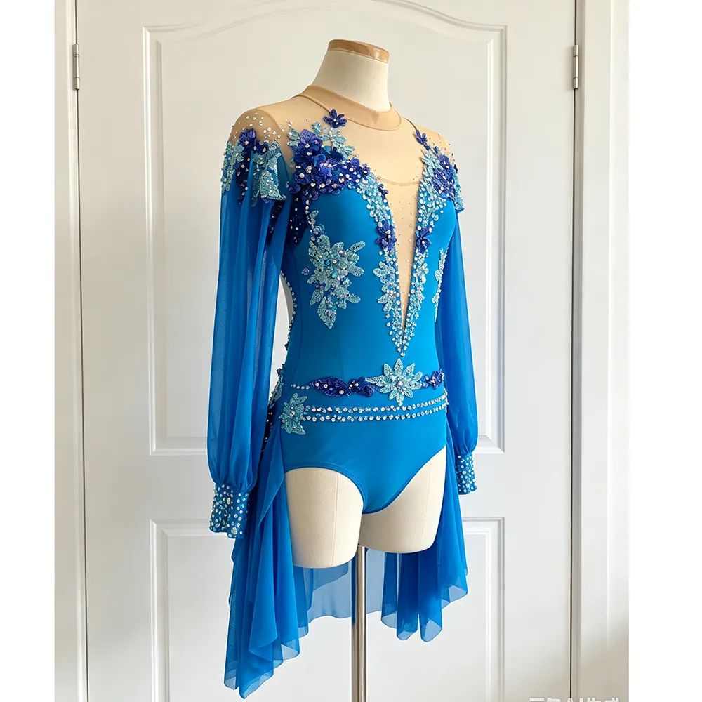 JoyCan Lyrical Dance Dress BD3528 | Exotic Blue Floral Lace Asymmetric Cut‑Out Competition Lyrical Costume for Girls and Women
