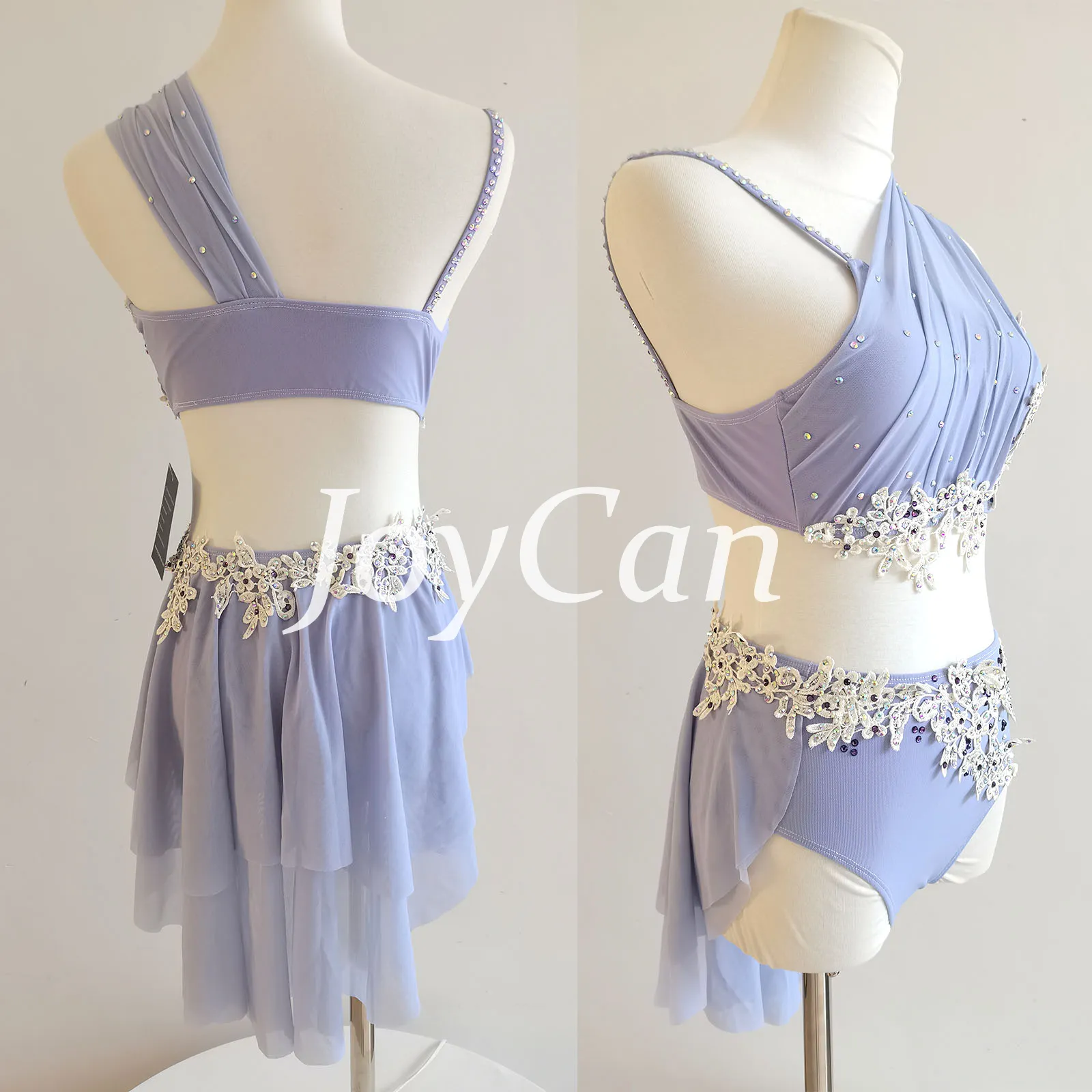 JoyCan Lyrical Dance Costume JLC411 | Lavender Two‑Piece One‑Shoulder Draped Mesh Lace Applique Rhinestone Lyrical Dance Outfit for Girls and Women