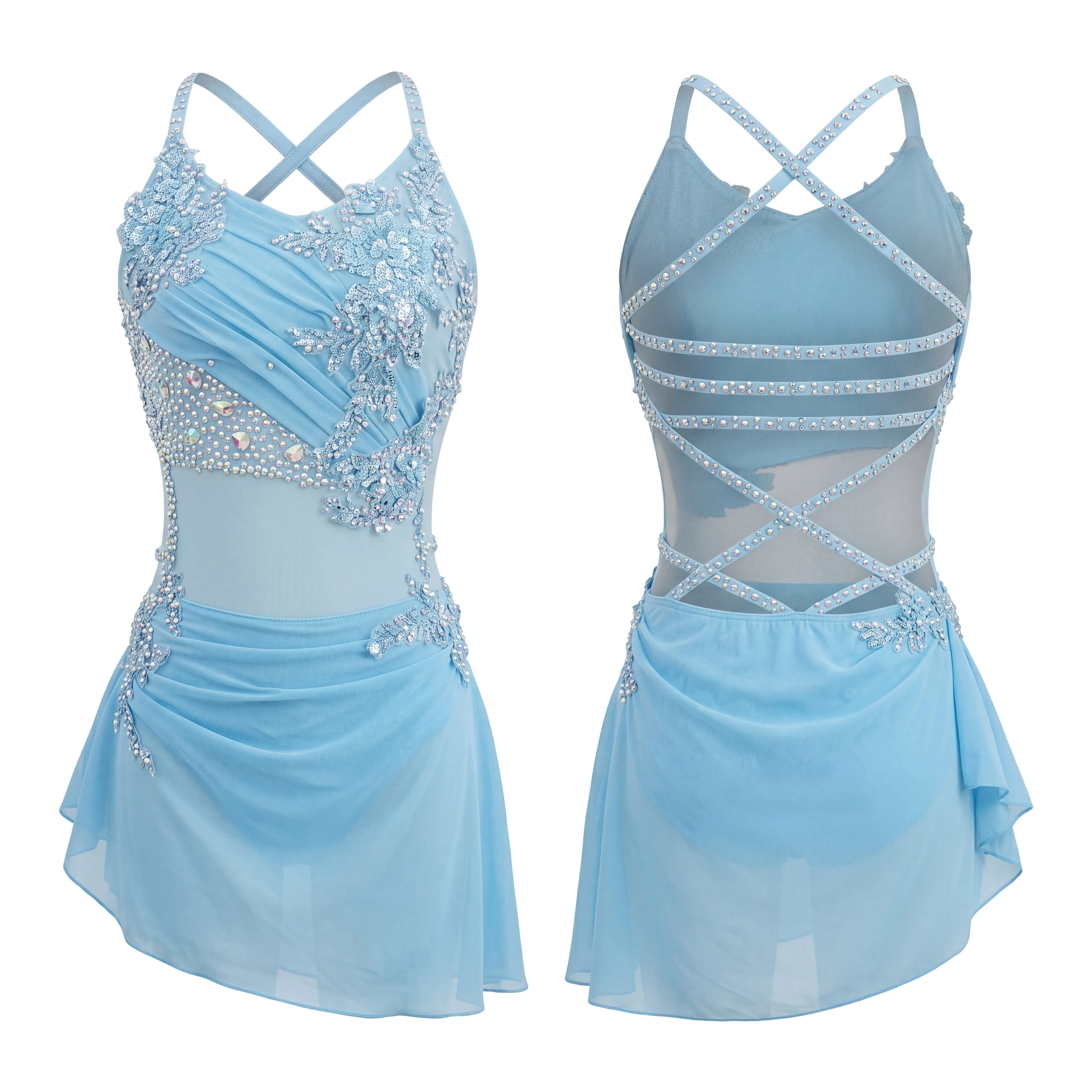 JoyCan Figure Skating Dress JC894 | Light Blue Criss‑Cross Straps Lace Applique Rhinestone Mesh Back Competition Ice Skating Costume for Girls and Women