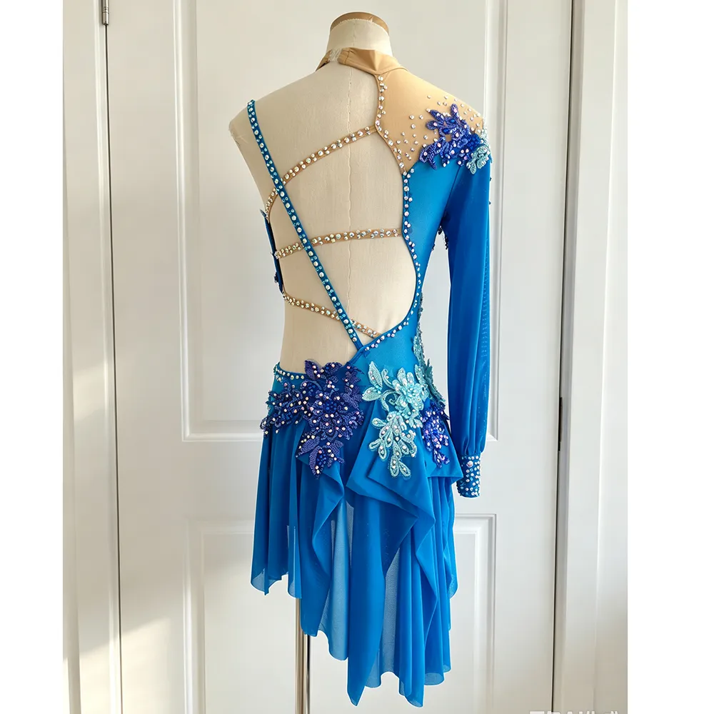 JoyCan Lyrical Dance Dress BD3528 | Exotic Blue Floral Lace Asymmetric Cut‑Out Competition Lyrical Costume for Girls and Women