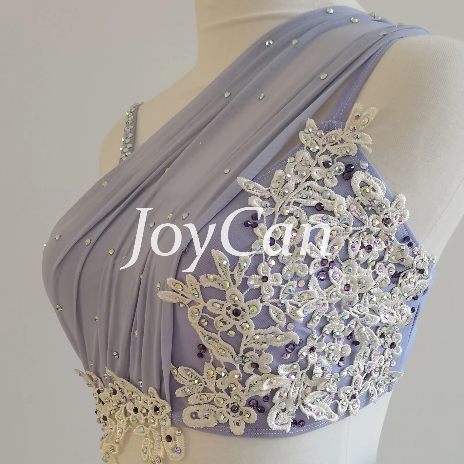 JoyCan Lyrical Dance Costume JLC411 | Lavender Two‑Piece One‑Shoulder Draped Mesh Lace Applique Rhinestone Lyrical Dance Outfit for Girls and Women