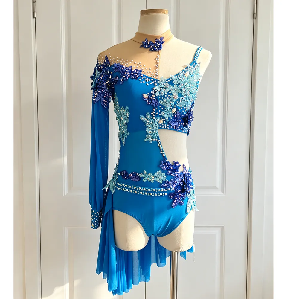 JoyCan Lyrical Dance Dress BD3528 | Exotic Blue Floral Lace Asymmetric Cut‑Out Competition Lyrical Costume for Girls and Women