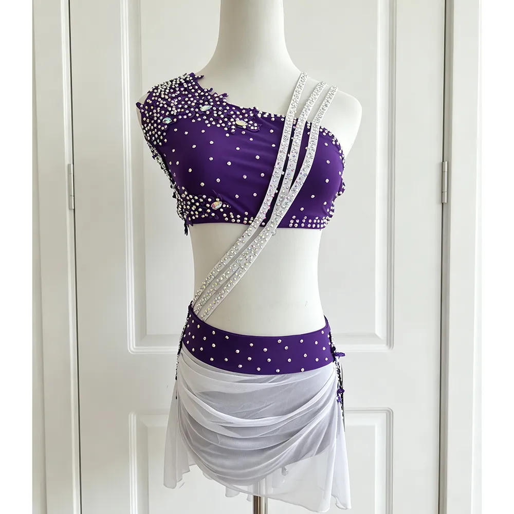 JoyCan Lyrical Dance Dress BD1926 | Glamorous Purple Two‑Piece Crystal Asymmetric‑Strap Competition Lyrical Costume for Girls and Women