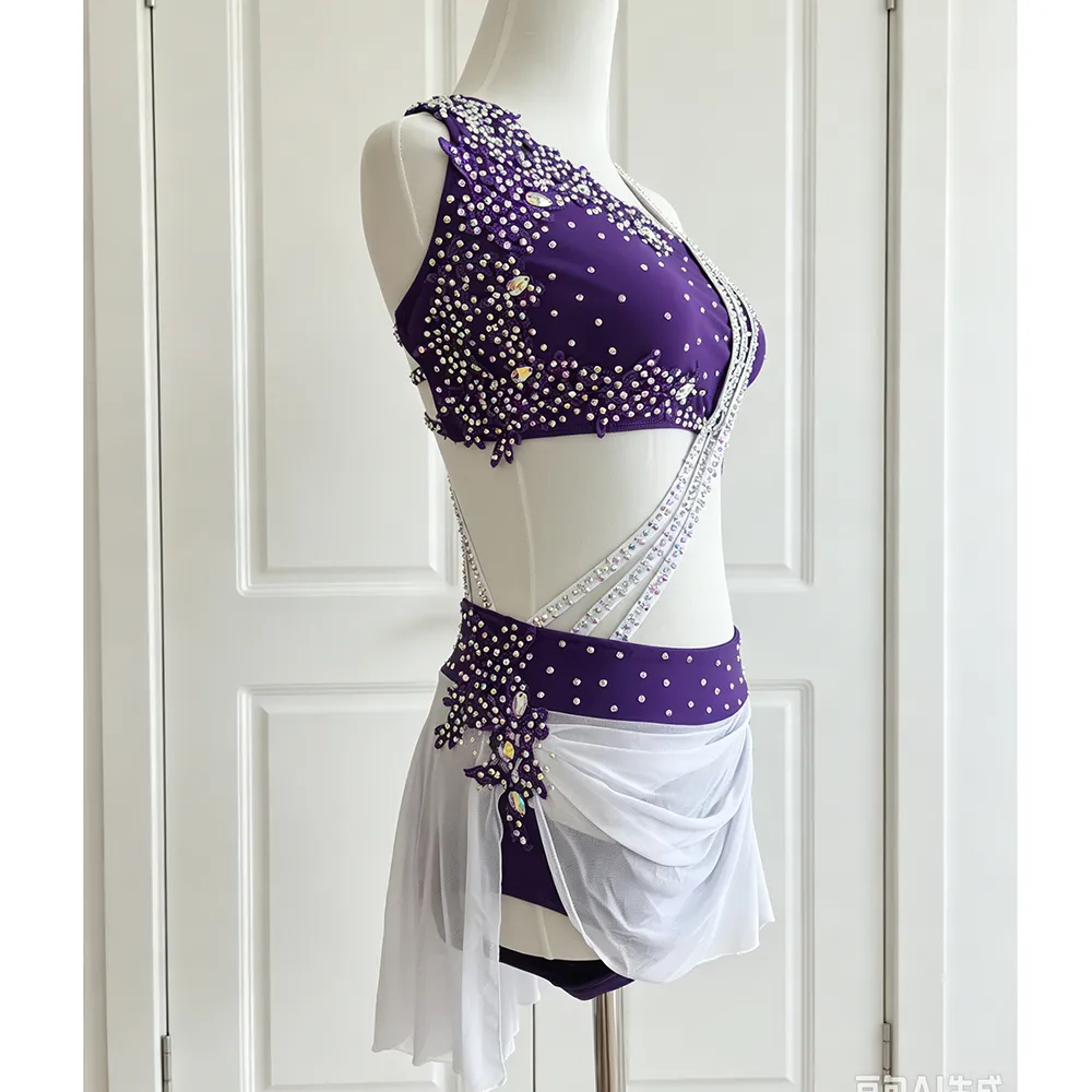 JoyCan Lyrical Dance Dress BD1926 | Glamorous Purple Two‑Piece Crystal Asymmetric‑Strap Competition Lyrical Costume for Girls and Women