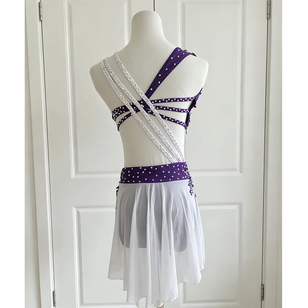 JoyCan Lyrical Dance Dress BD1926 | Glamorous Purple Two‑Piece Crystal Asymmetric‑Strap Competition Lyrical Costume for Girls and Women