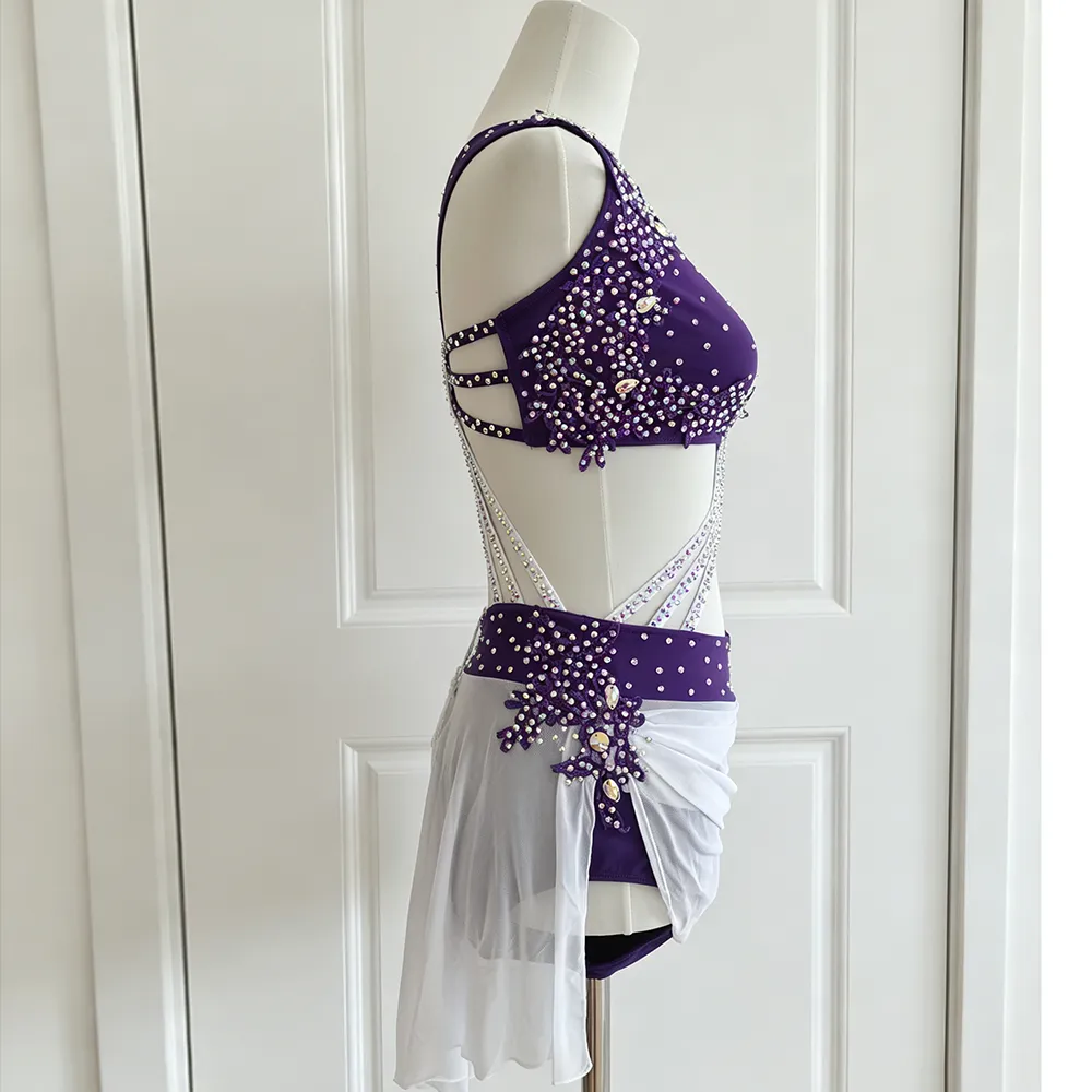 JoyCan Lyrical Dance Dress BD1926 | Glamorous Purple Two‑Piece Crystal Asymmetric‑Strap Competition Lyrical Costume for Girls and Women