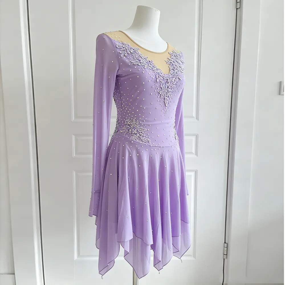 JoyCan Figure Skating Dress BD3485 | Romantic Lavender Crystal Lace Long‑Sleeve Competition Ice Skating Costume for Girls and Women