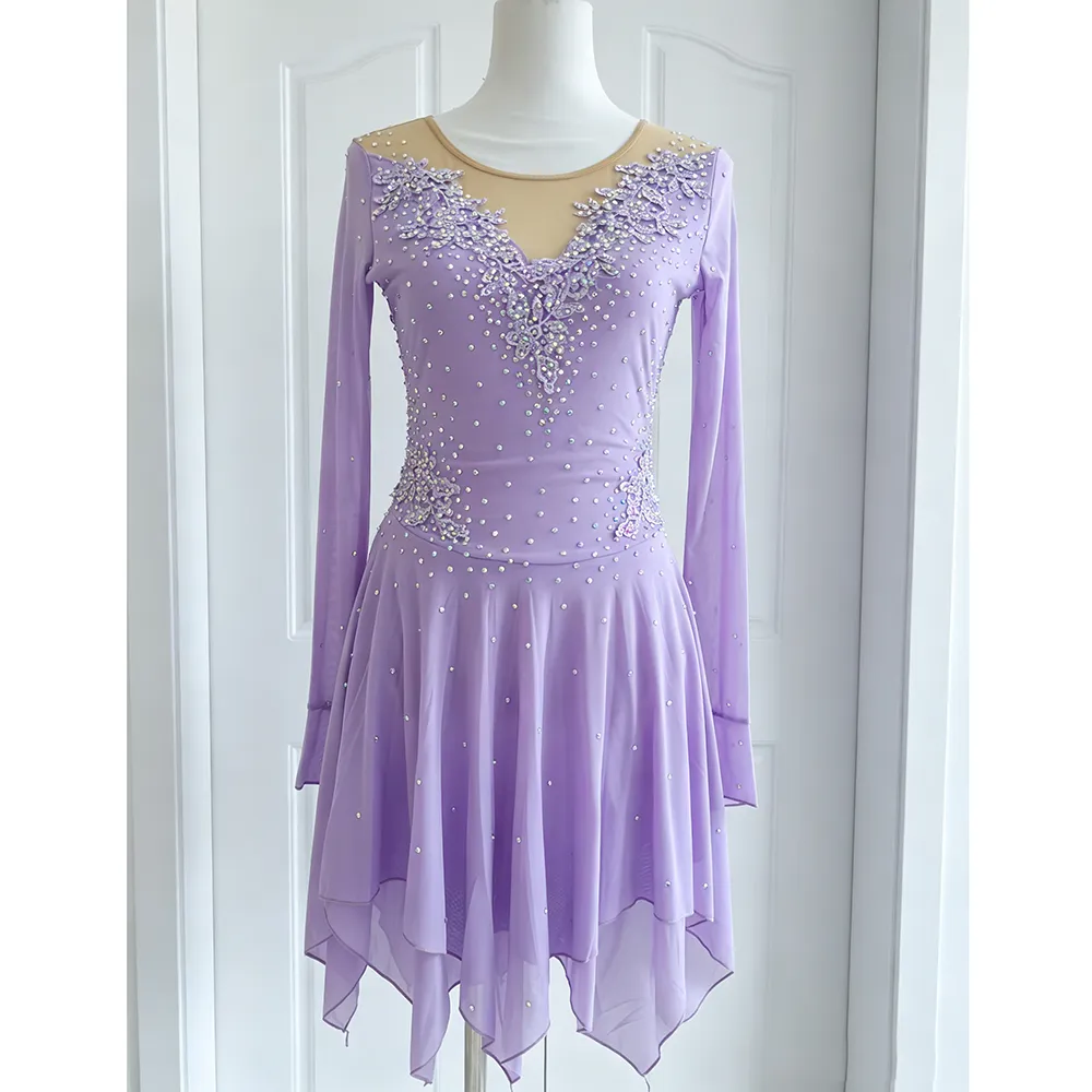 JoyCan Figure Skating Dress BD3485 | Romantic Lavender Crystal Lace Long‑Sleeve Competition Ice Skating Costume for Girls and Women