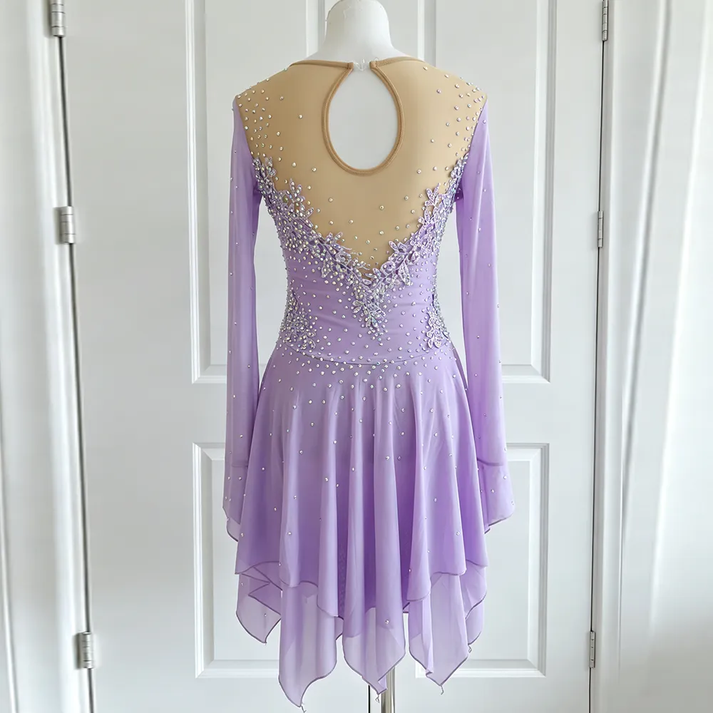 JoyCan Figure Skating Dress BD3485 | Romantic Lavender Crystal Lace Long‑Sleeve Competition Ice Skating Costume for Girls and Women