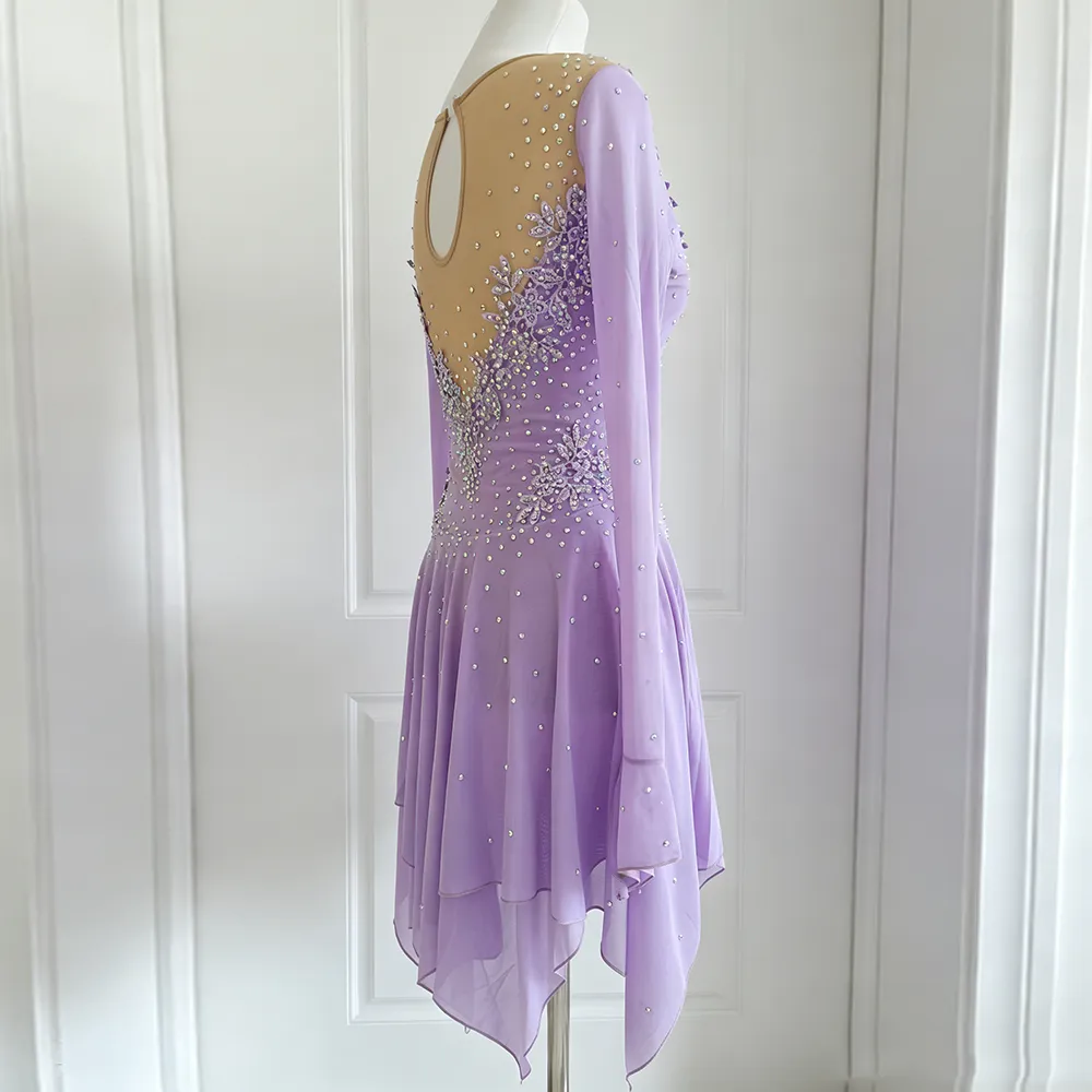 JoyCan Figure Skating Dress BD3485 | Romantic Lavender Crystal Lace Long‑Sleeve Competition Ice Skating Costume for Girls and Women