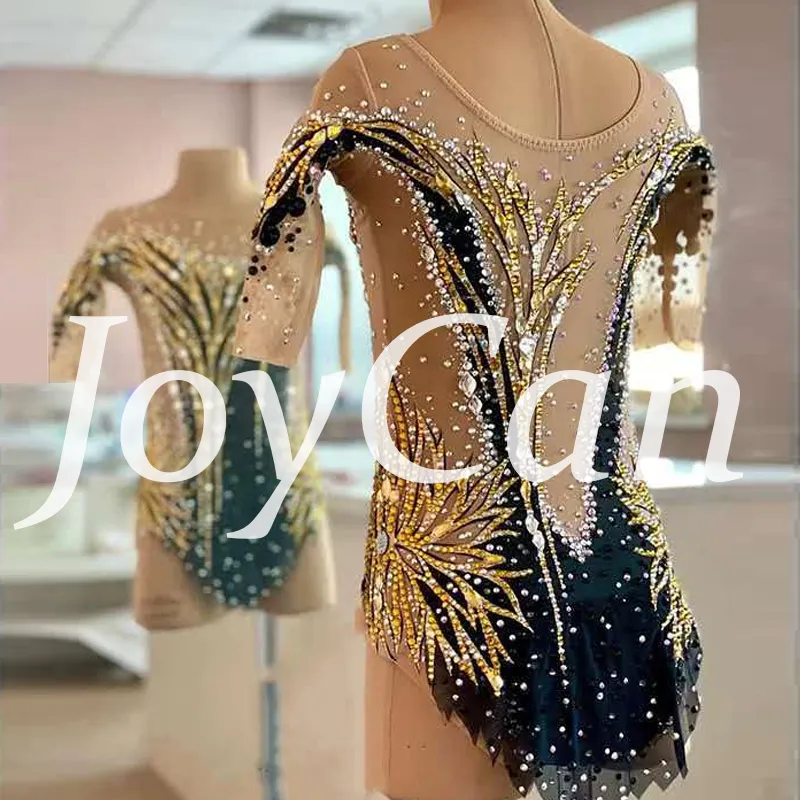 JoyCan Rhythmic Gymnastics Leotard BD9050 | Black‑Gold Sun‑Motif Asymmetrical 3/4‑Sleeve Rhinestone Competition Leotard for Girls & Women