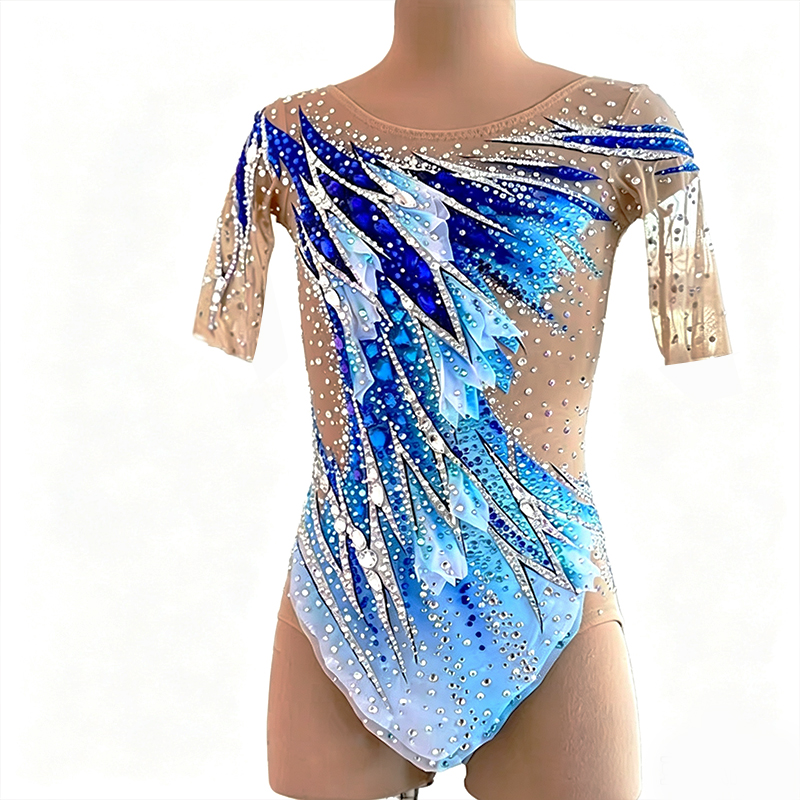 JoyCan Rhythmic Gymnastics Leotard JC1445 | Blue‑Turquoise Gradient 3D‑Fabric‑Petal Elbow‑Sleeve Rhinestone Competition Leotard for Girls & Women