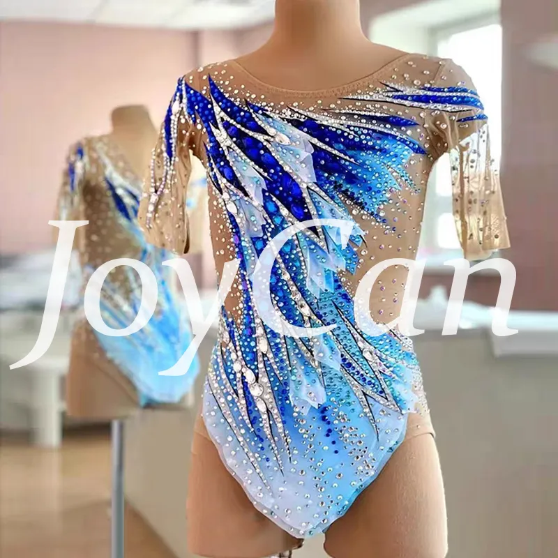 JoyCan Rhythmic Gymnastics Leotard JC1445 | Blue‑Turquoise Gradient 3D‑Fabric‑Petal Elbow‑Sleeve Rhinestone Competition Leotard for Girls & Women
