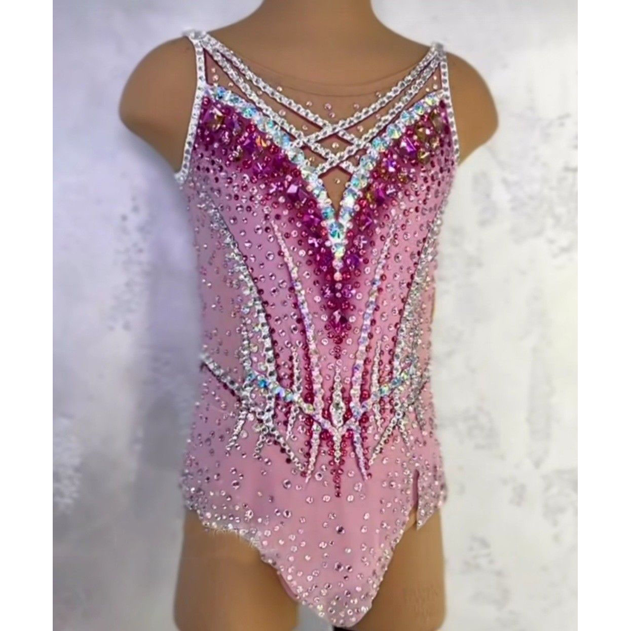 JoyCan Rhythmic Gymnastics Leotard JC1498 | Light Pink Criss‑Cross Rhinestone Competition Leotard for Girls & Women