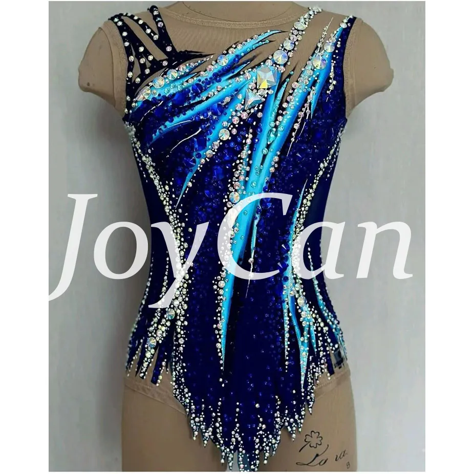 JoyCan Rhythmic Gymnastics Leotard JC1494 | Navy‑Cyan Streaked Rhinestone Competition Leotard for Girls & Women