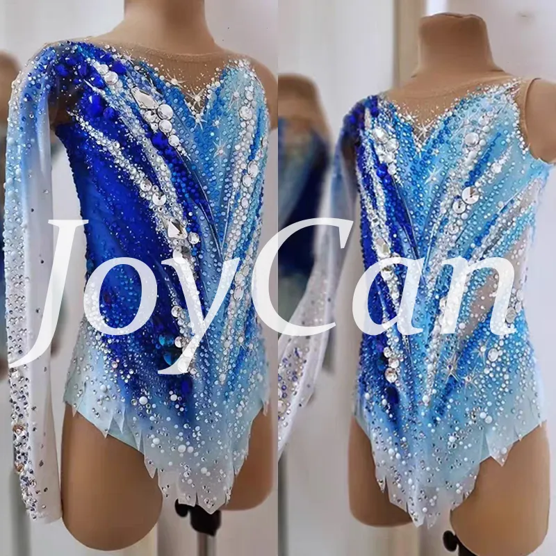  JoyCan Rhythmic Gymnastics Leotard JC920 | Blue‑White Ombre Asymmetrical Long‑Sleeve Rhinestone Competition Leotard for Girls & Women