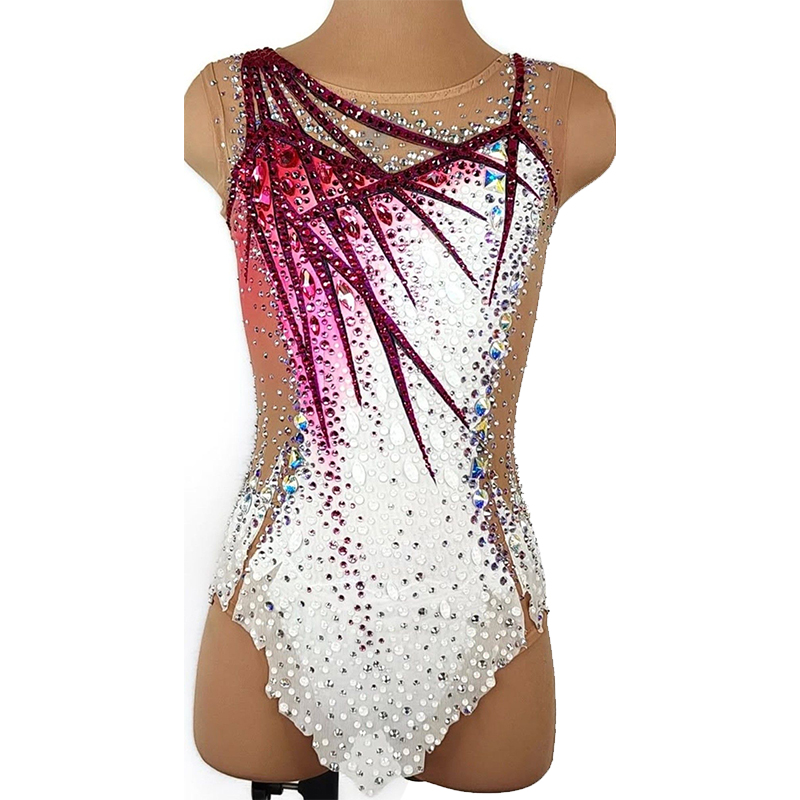 JoyCan Artistic Gymnastics Leotard JC908 | Magenta‑White Gradient Rhinestone Competition Leotard for Girls & Women