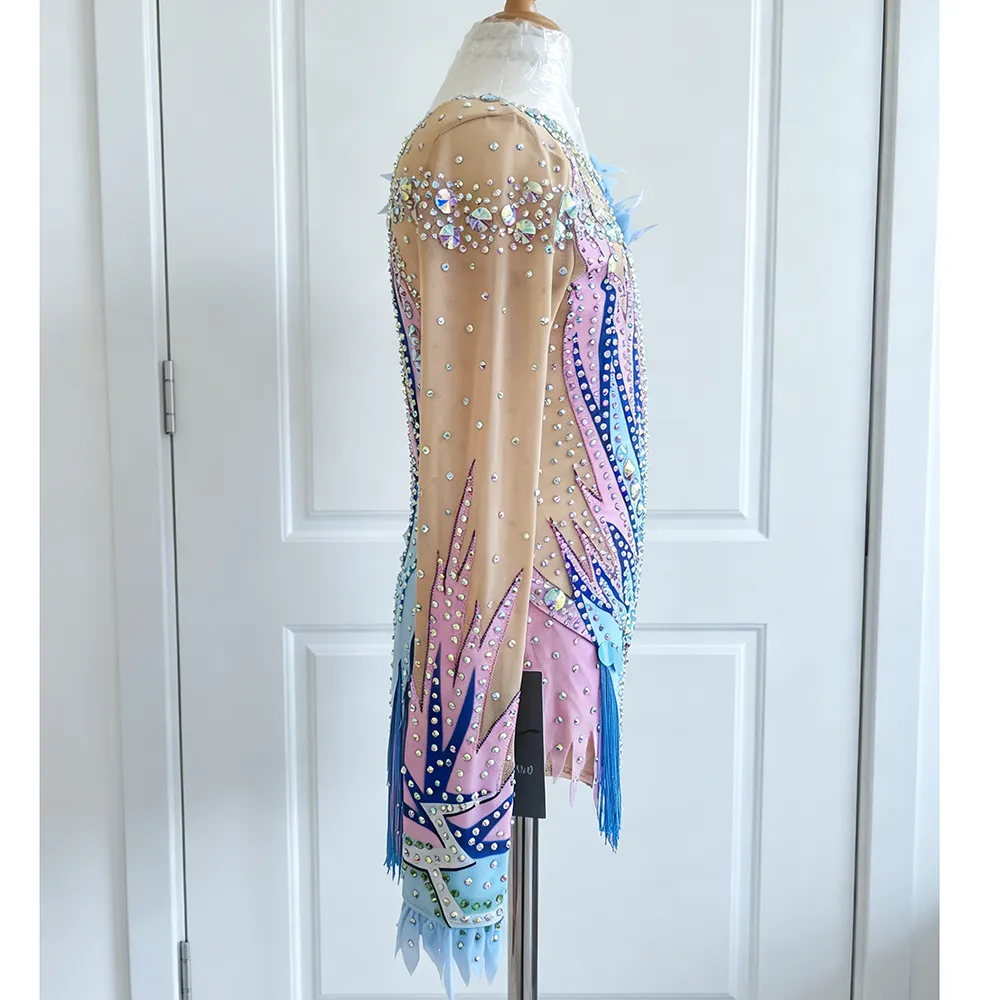 JoyCan Artistic Gymnastics Leotard BD7042 | Vibrant Multi‑Color Tassel Fringe Asymmetric Competition Rhythmic Gymnastics Costume for Girls and Women