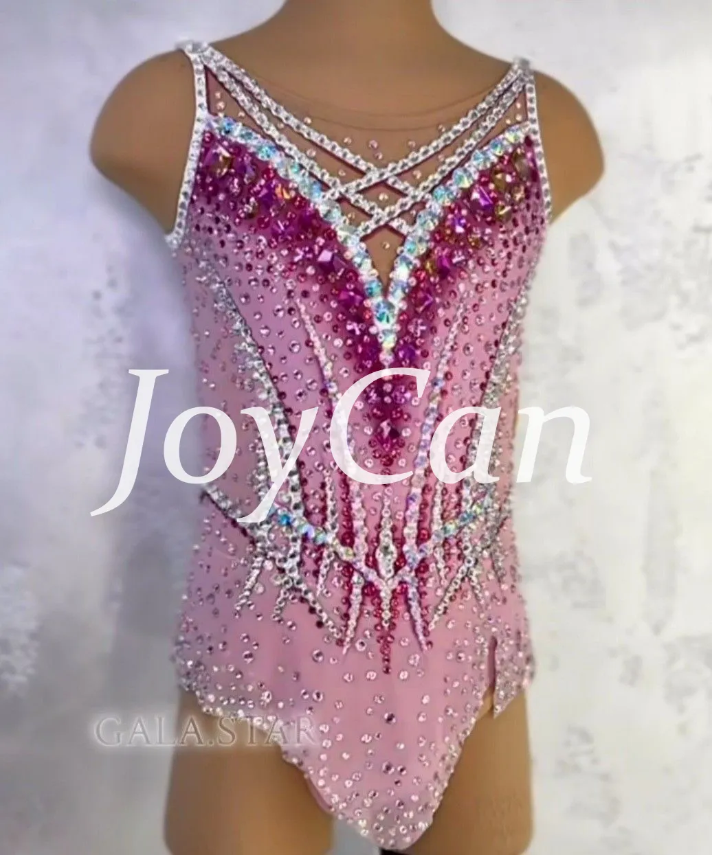 JoyCan Rhythmic Gymnastics Leotard JC1498 | Light Pink Criss‑Cross Rhinestone Competition Leotard for Girls & Women