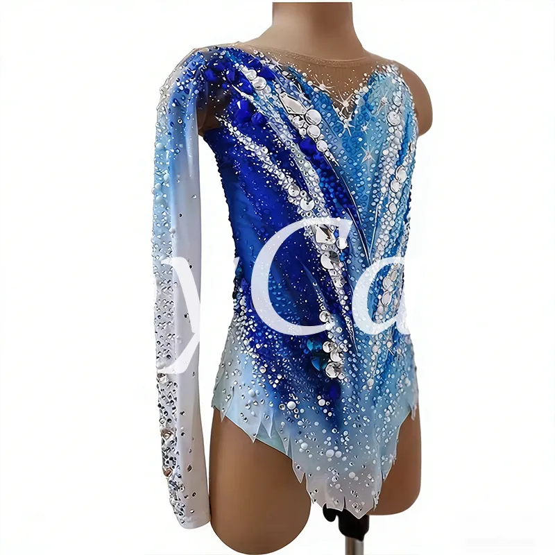  JoyCan Rhythmic Gymnastics Leotard JC920 | Blue‑White Ombre Asymmetrical Long‑Sleeve Rhinestone Competition Leotard for Girls & Women