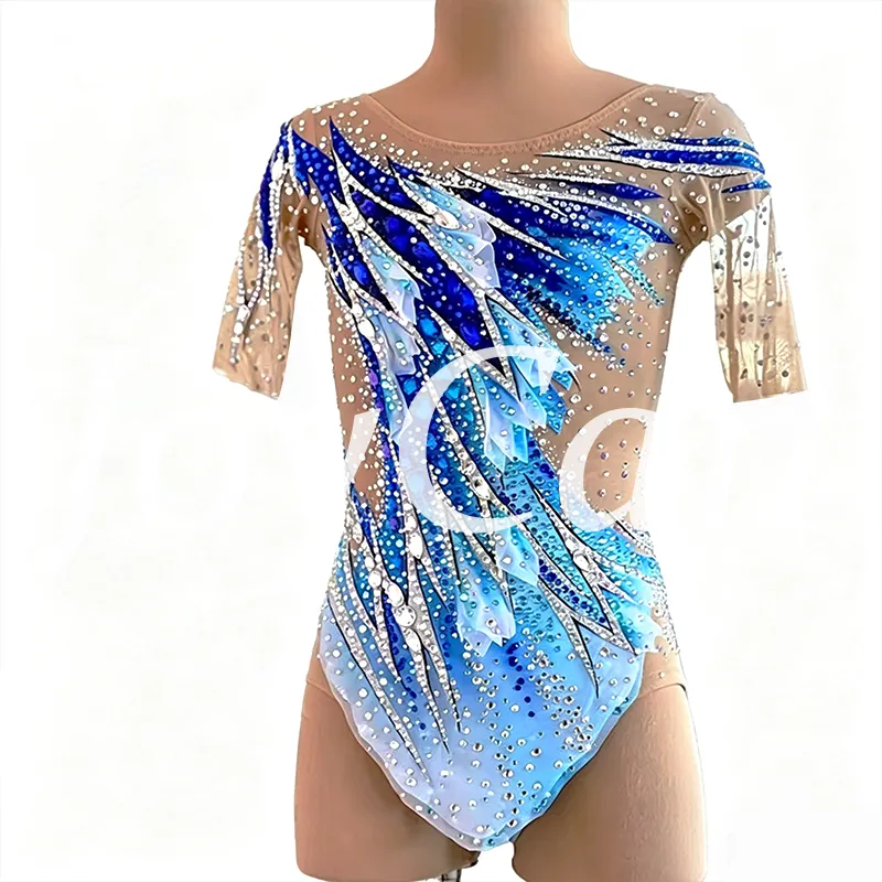 JoyCan Rhythmic Gymnastics Leotard JC1445 | Blue‑Turquoise Gradient 3D‑Fabric‑Petal Elbow‑Sleeve Rhinestone Competition Leotard for Girls & Women