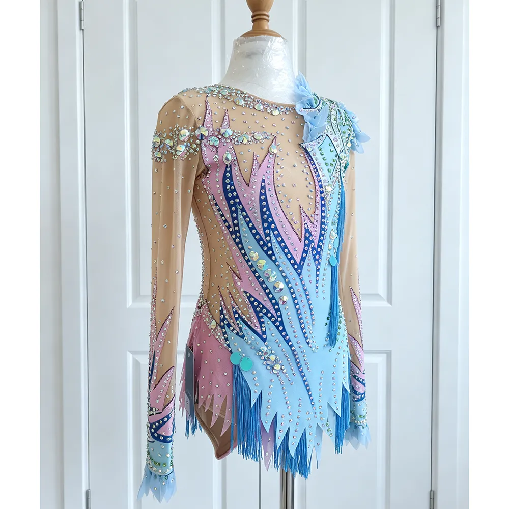 JoyCan Artistic Gymnastics Leotard BD7042 | Vibrant Multi‑Color Tassel Fringe Asymmetric Competition Rhythmic Gymnastics Costume for Girls and Women