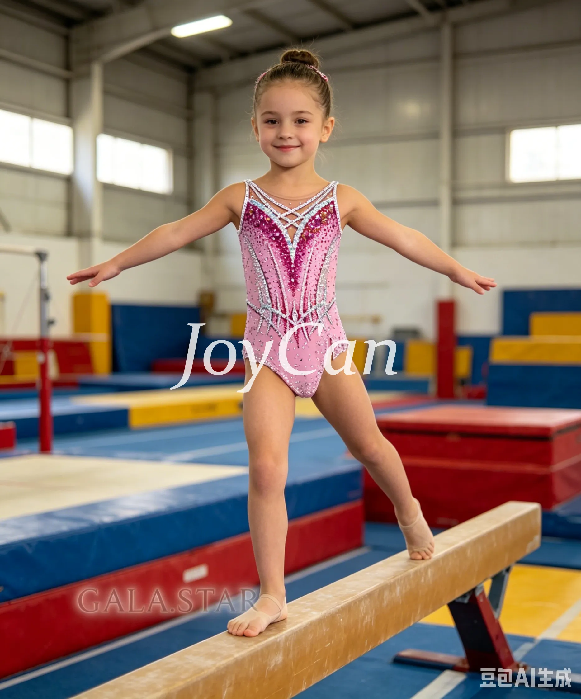 JoyCan Rhythmic Gymnastics Leotard JC1498 | Light Pink Criss‑Cross Rhinestone Competition Leotard for Girls & Women