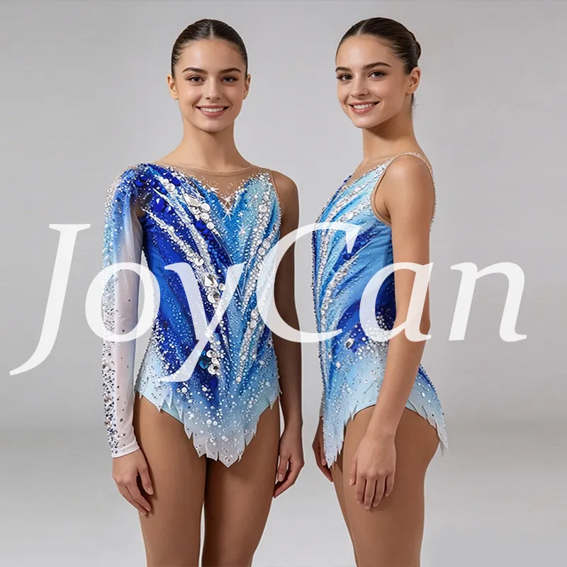  JoyCan Rhythmic Gymnastics Leotard JC920 | Blue‑White Ombre Asymmetrical Long‑Sleeve Rhinestone Competition Leotard for Girls & Women