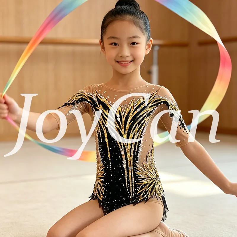 JoyCan Rhythmic Gymnastics Leotard BD9050 | Black‑Gold Sun‑Motif Asymmetrical 3/4‑Sleeve Rhinestone Competition Leotard for Girls & Women