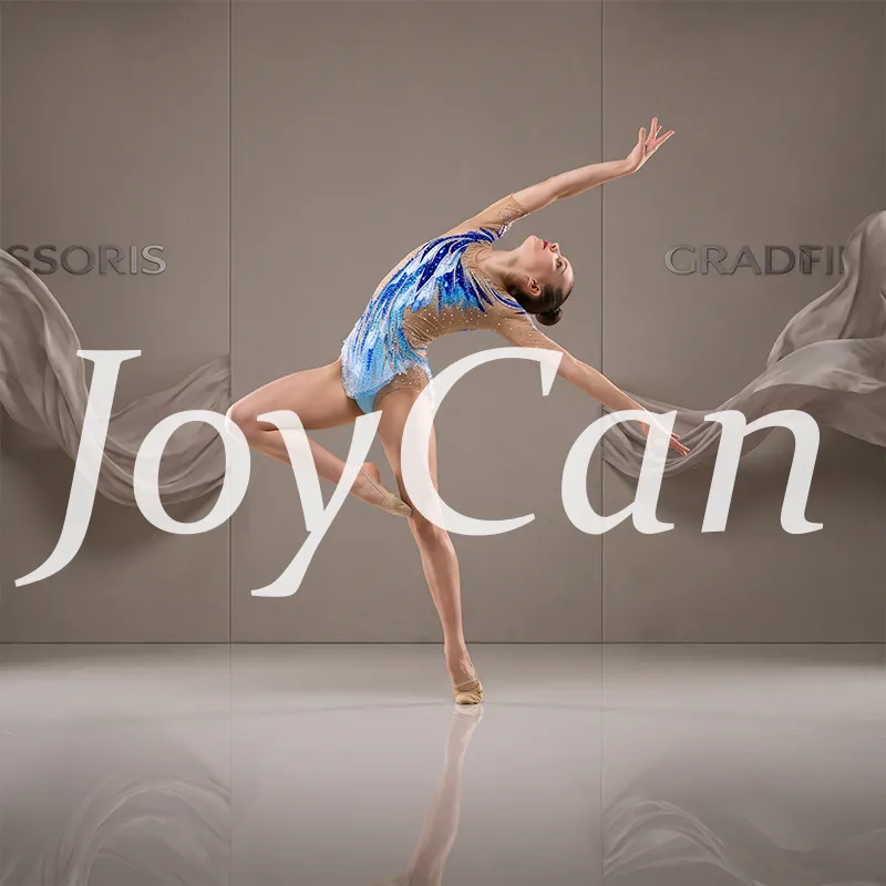 JoyCan Rhythmic Gymnastics Leotard JC1445 | Blue‑Turquoise Gradient 3D‑Fabric‑Petal Elbow‑Sleeve Rhinestone Competition Leotard for Girls & Women