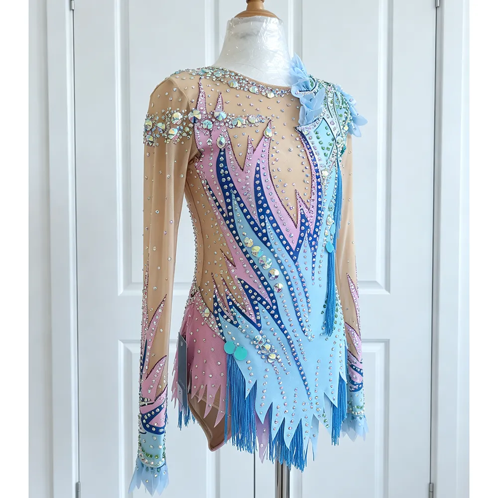 JoyCan Artistic Gymnastics Leotard BD7042 | Vibrant Multi‑Color Tassel Fringe Asymmetric Competition Rhythmic Gymnastics Costume for Girls and Women