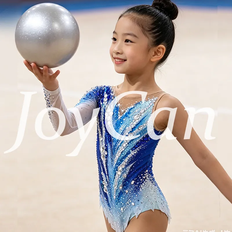 JoyCan Rhythmic Gymnastics Leotard JC920 | Blue‑White Ombre Asymmetrical Long‑Sleeve Rhinestone Competition Leotard for Girls & Women