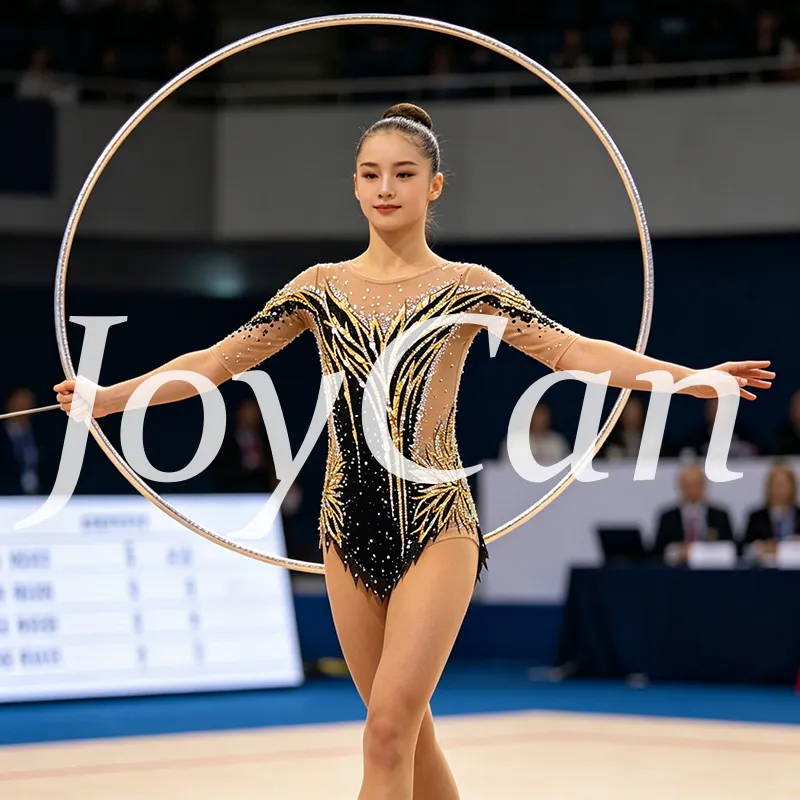 JoyCan Rhythmic Gymnastics Leotard BD9050 | Black‑Gold Sun‑Motif Asymmetrical 3/4‑Sleeve Rhinestone Competition Leotard for Girls & Women
