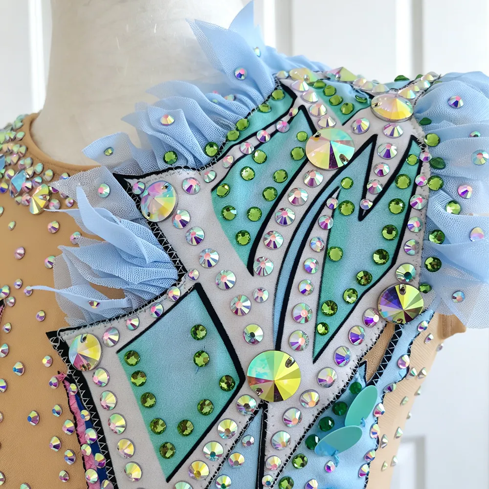 JoyCan Artistic Gymnastics Leotard BD7042 | Vibrant Multi‑Color Tassel Fringe Asymmetric Competition Rhythmic Gymnastics Costume for Girls and Women