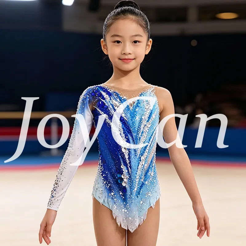  JoyCan Rhythmic Gymnastics Leotard JC920 | Blue‑White Ombre Asymmetrical Long‑Sleeve Rhinestone Competition Leotard for Girls & Women